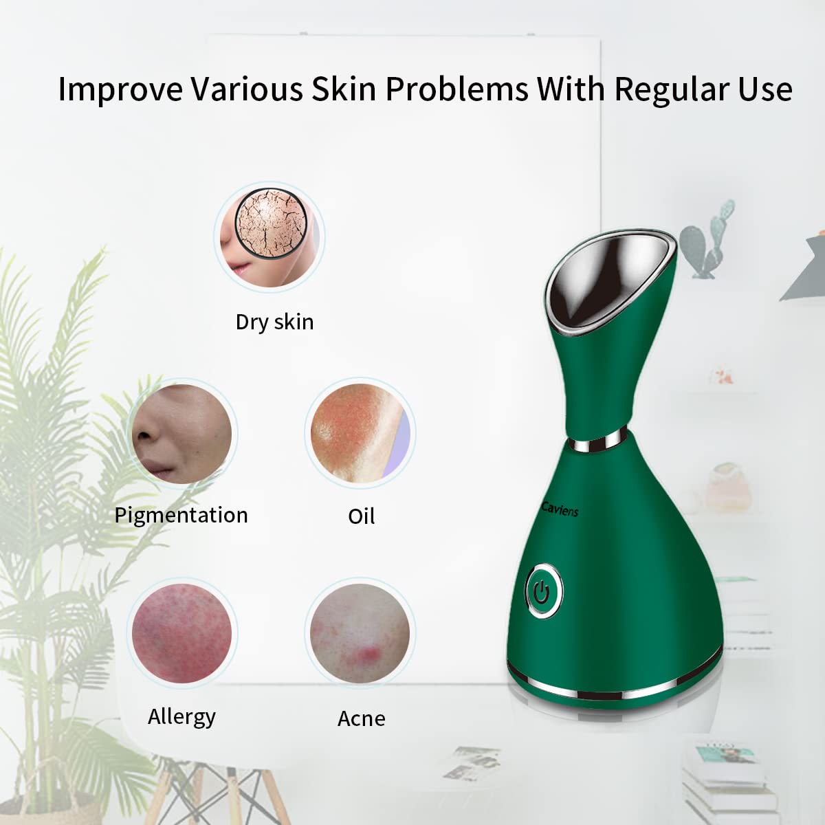 Vaporizador facial nano iónico facial humidificador de niebla cálida, atomizador hidratante facial vaporizador facial para el hogar, sauna y spa, con kit de piel de acero inoxidable de 4 piezas y banda para el cabello (verde)
