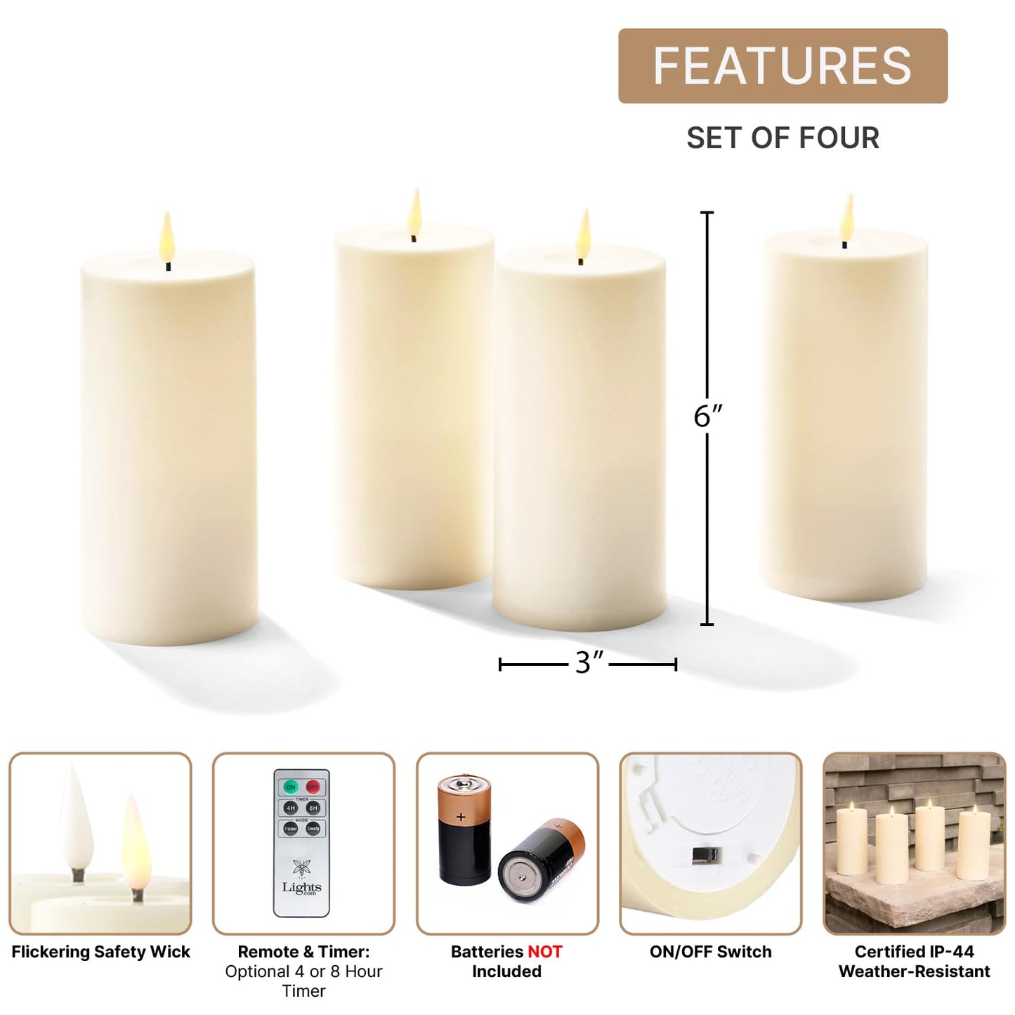 LampLust - Velas sin llama impermeables para exteriores, paquete de 4, 3 x 6 pulgadas, juego de velas LED parpadeantes con control remoto y temporizador incluidos, funciona con pilas, velas al aire