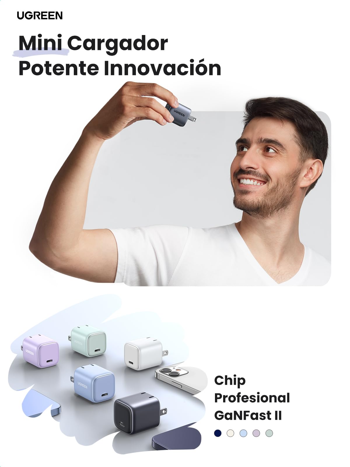 Cargador USB C UGREEN Nexode Blanco 30W Mini GAN Carga Rápida para Galaxy y iPhone