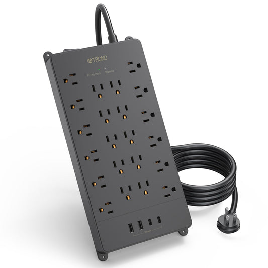 TROND Enchufe Multiple Regleta Multicontacto, Regleta con Protector contra sobretensiones, tomacorrientes de 22 CA con 4 USB(2 USB C), 4000J, certificación ETL, Enchufe Plano 10ft De Alta Resistencia