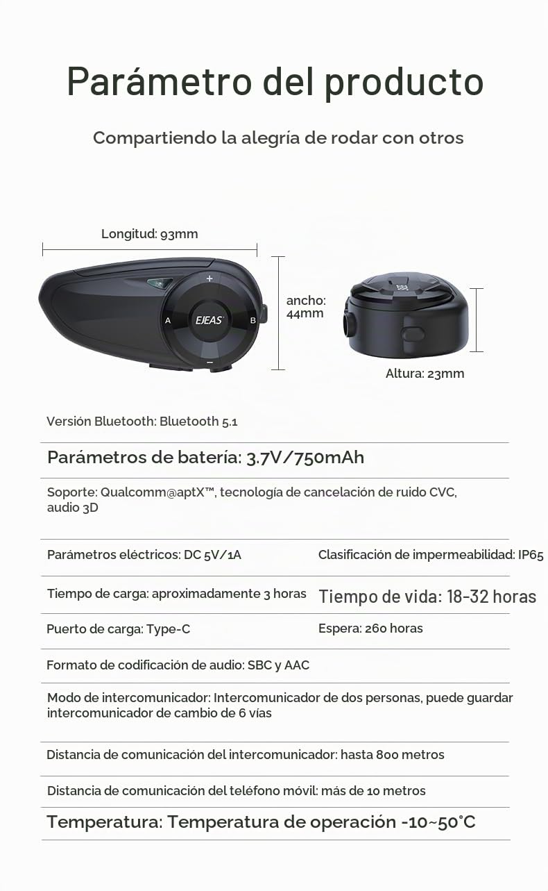 Intercomunicador Auricular Bluetooth iSunergy para Casco Negro 7 Riders 750mAh Impermeable Conectable con SafeRiding App (2 Pack)