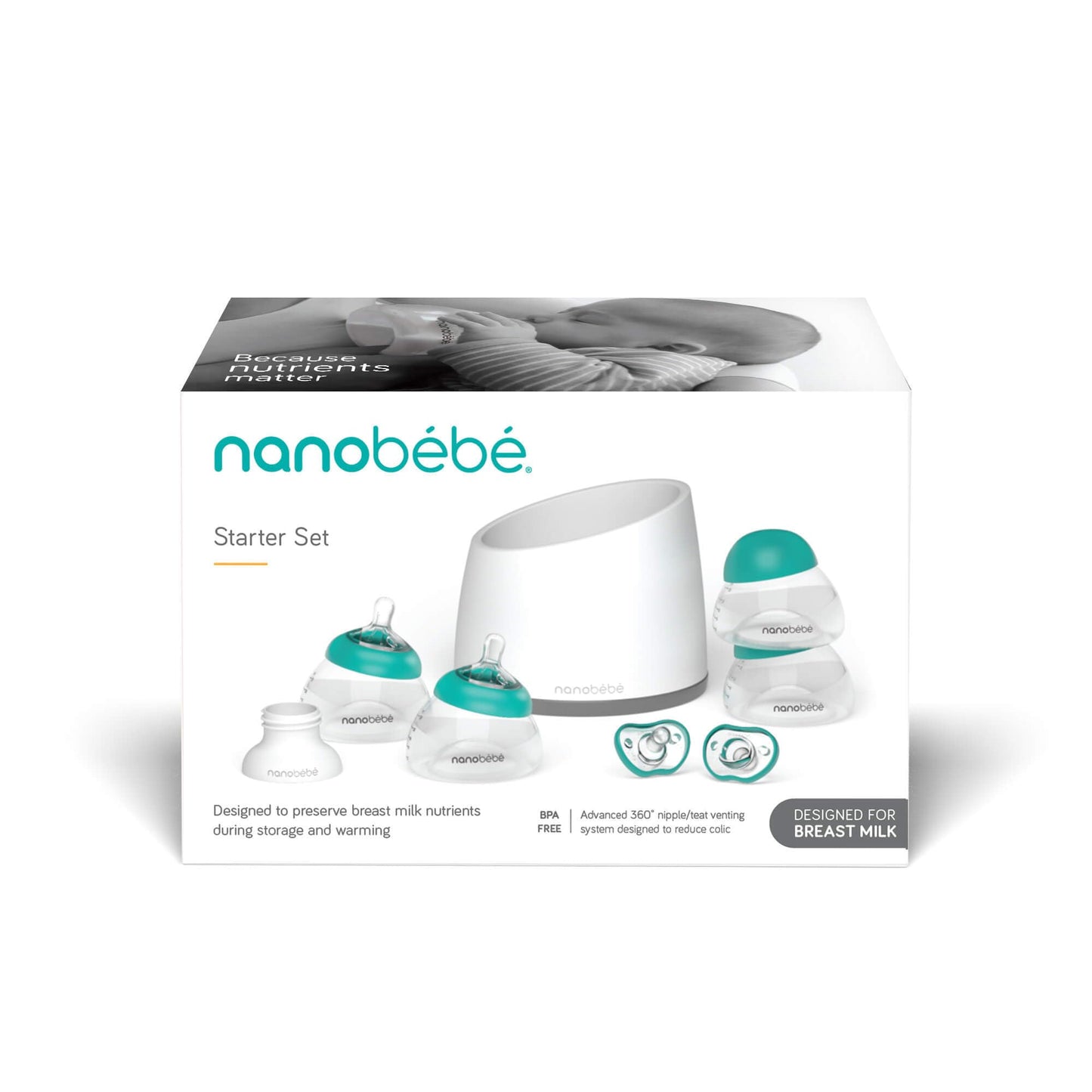 NANOBÉBÉ Kit de inicio anticólicos para biberón de leche materna Nanobebe con chupetes de silicona, adaptador para extractor de leche y tetinas de flujo lento - 147 g - Verde azulado/gris