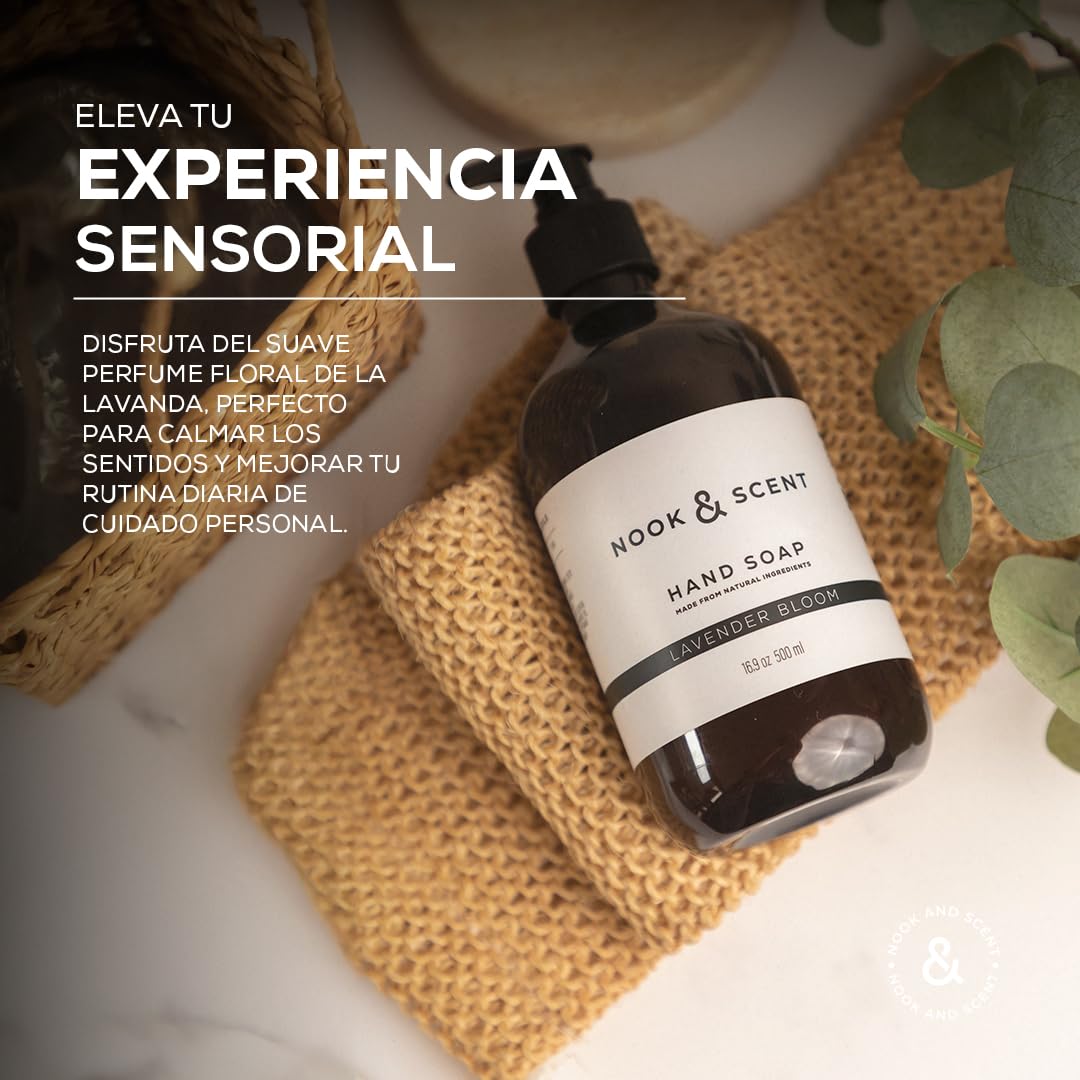 Jabón Líquido para Manos | 500 ml | Limpieza y Frescura | Libre de Sulfatos y Parabenos, Vegano, Aceites Esenciales, Aroma Energizante de Limón y Naranja | Nook & Scent (Lavanda)