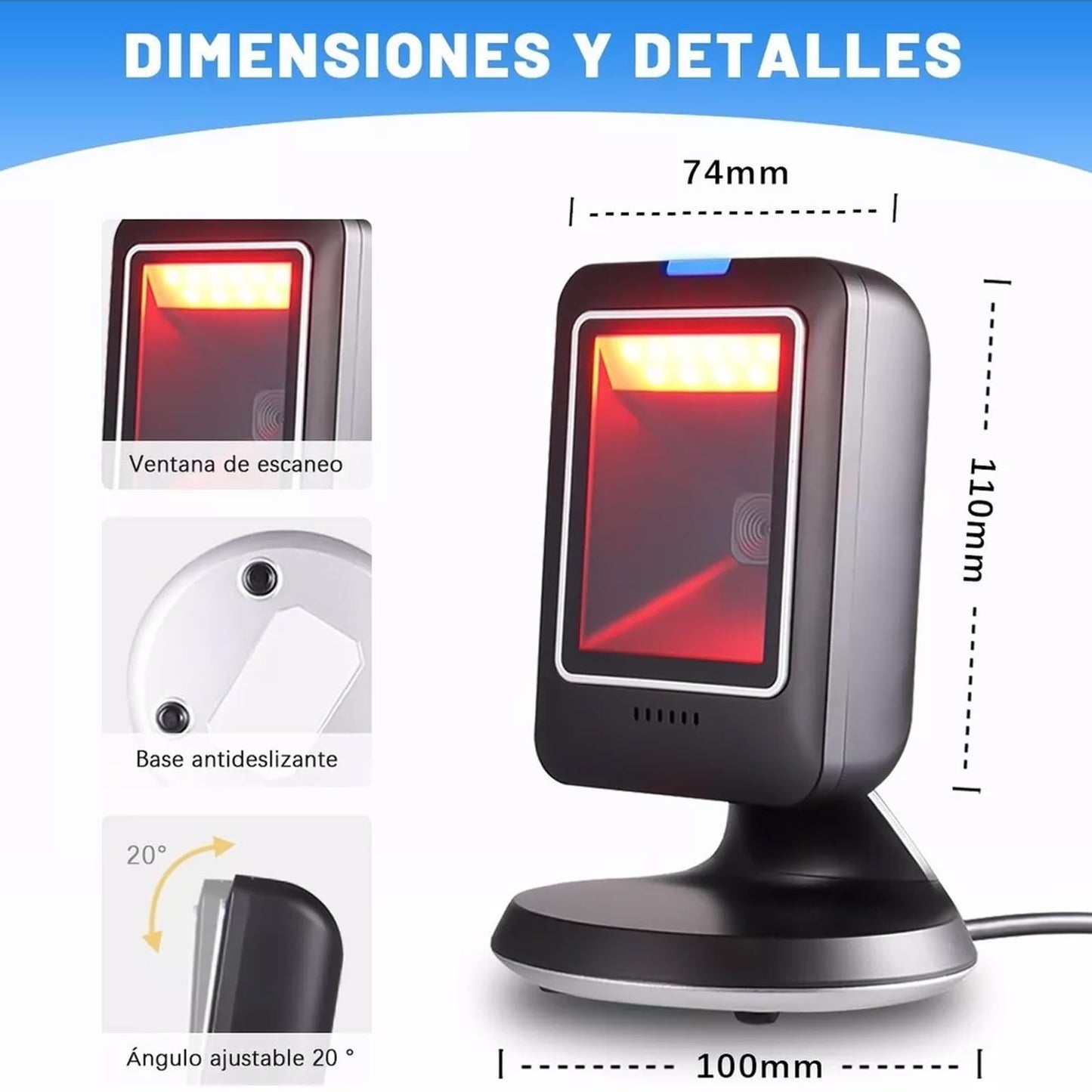 Escáner de Código de Barras de Escritorio 1D 2D QR, Lector de Código de Barras con Cable USB, Scanner Código de Barras Detección Automática de Imagen para Supermercado, Biblioteca, Tienda minorist