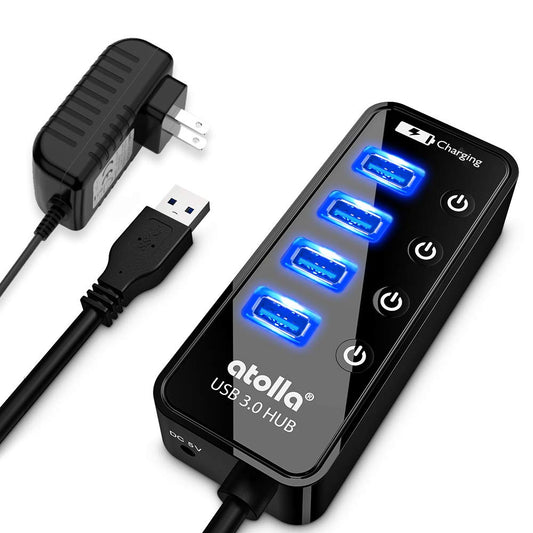 atolla Hub USB 3.0 5 en 1, 4 Puertos Multi USB 3.0 Hub con Interruptor Independiente + 1 Puerto de Carga Intelligente extensión USB con Adaptador de Corriente 5V / 3A (Longitud del Cable 60cm)