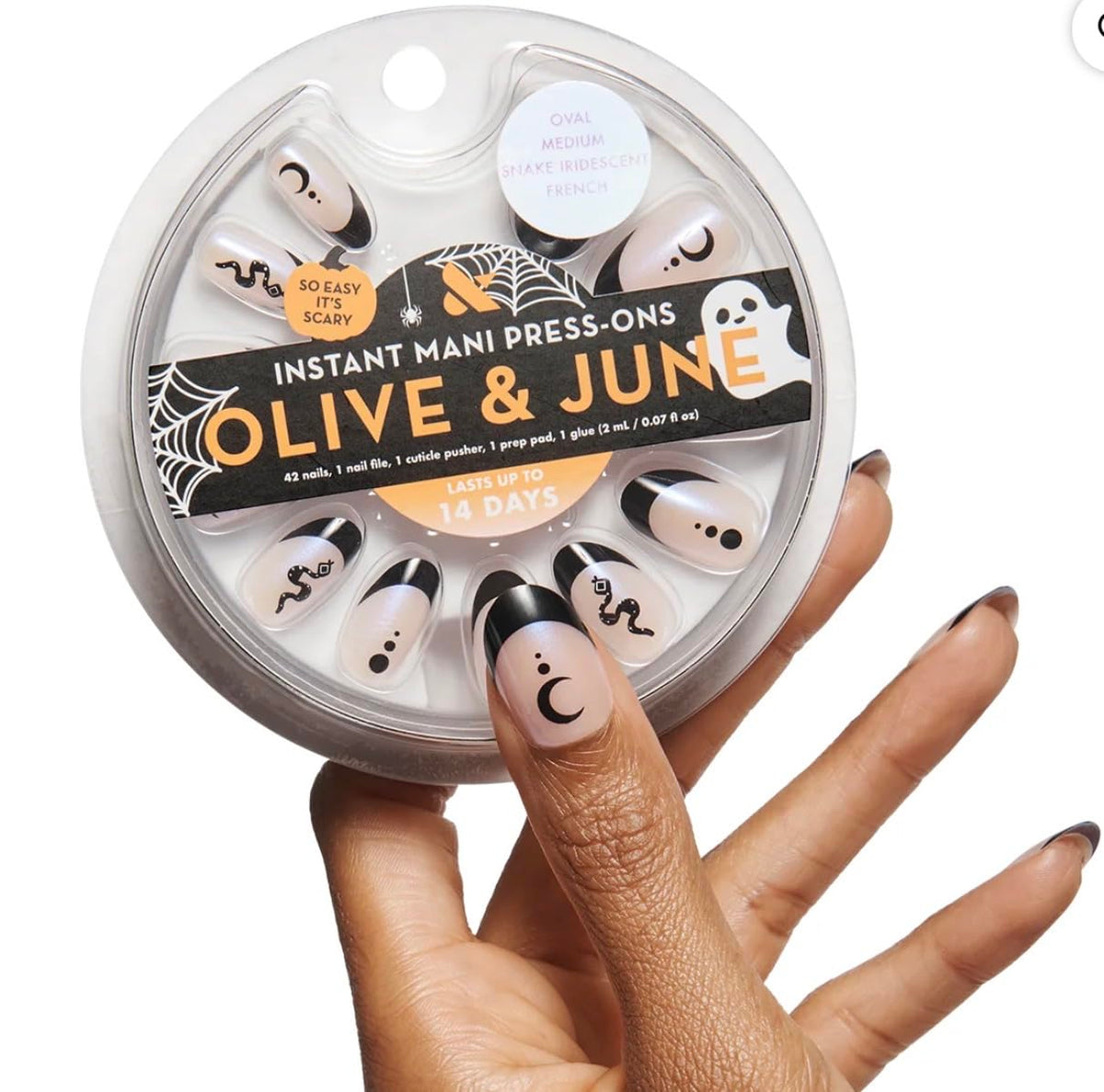 Olive & June Uñas postizas Instant Mani (con pegamento) | 42 uñas postizas, 21 tamaños | Materiales reciclados no tóxicos y duraderos | Aspecto realista | Calidad de salón en casa | Med