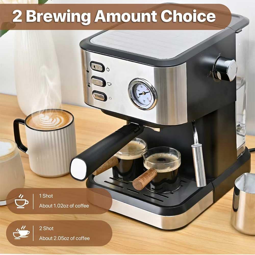 Cafetera Express Automático,850W, Presión 15 Bares, Depósito de 1.8L, Brazo Doble Salida,Superficie Calientatazas, Acabados en Acero Inoxidable