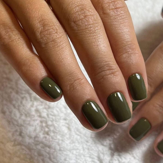 Uñas postizas cortas cuadradas de color verde oliva, uñas postizas cortas con pegamento, uñas cuadradas cortas, uñas postizas con pegamento de gel suave, uñas cortas adhesivas para mujeres, uñas