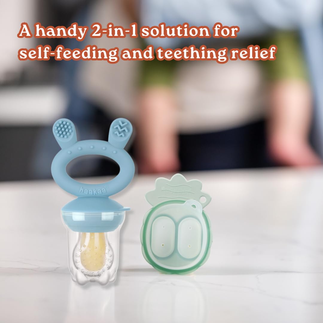 Haakaa Mini Combo alimentador para bebé para introducir nuevos sabores + bandeja para congelar de silicon sin BPA (Azul Cielo)