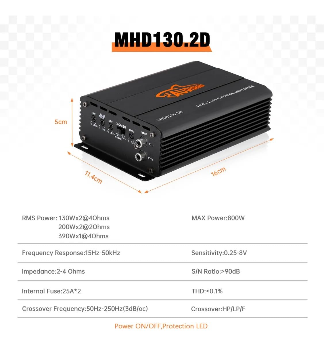 AUDISHAKO 800W Amplificador de Audio para Coche de 4 Canales,Amplificador para Auto de Clase D, 2 Ohm 260W x 2 Canales, Coches Deportivos y Otros Sistemas de Audio