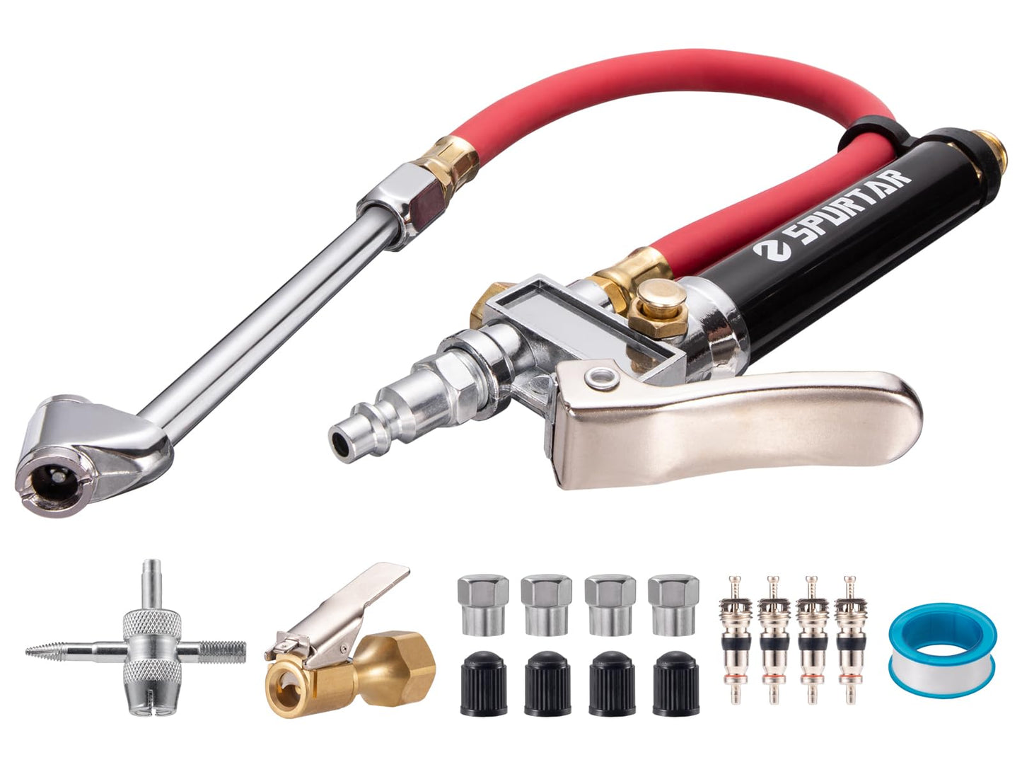 Medidor de Inflado de Neumáticos Spurtar 10-120 PSI Resistente con Herramienta de 4 Vías y Núcleos de Válvula para Automóviles