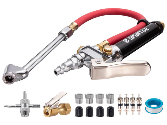 Medidor de Inflado de Neumáticos Spurtar 10-120 PSI Resistente con Herramienta de 4 Vías y Núcleos de Válvula para Automóviles
