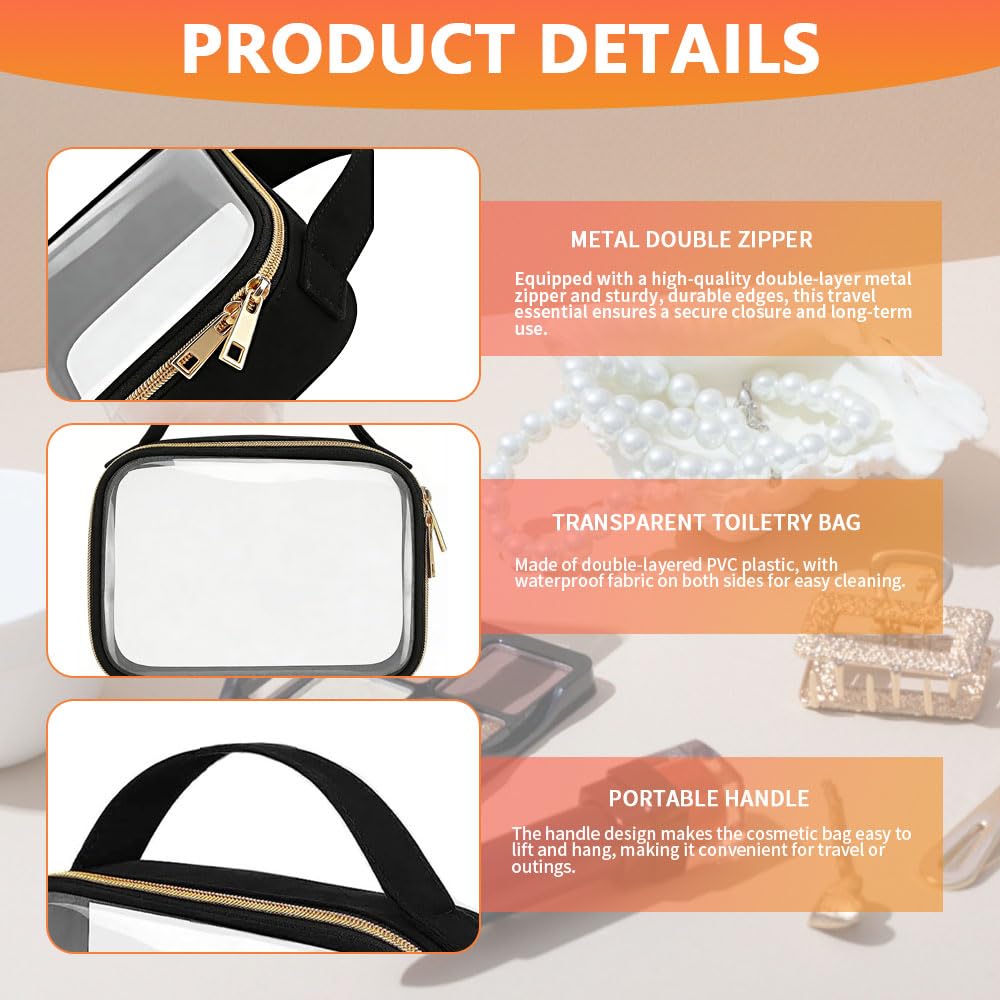 Paquete de 3 bolsas de maquillaje transparentes con asas, neceser de viaje para mujeres y hombres, bolsa de maquillaje de PVC repelente al agua, bolsa de transporte en aeropuerto, para viajes
