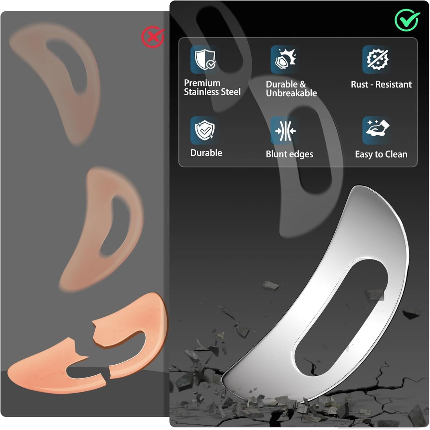 Herramienta de masaje Gua Sha de acero inoxidable con asa, raspador muscular corporal para espalda, cuello, cara y pierna, herramienta de raspado de fascia más grande para alivio de tejidos profundos