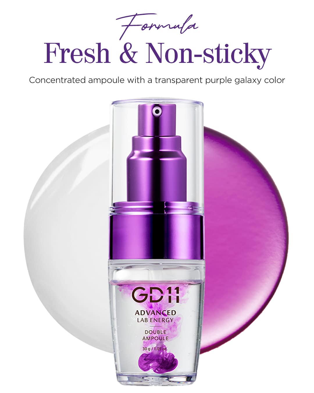 GD11 Advanced Lab doble amplificador y esencia, 1.01 onzas líquidas, ampolla Galaxy púrpura, K-Beauty, antienvejecimiento, regeneración, estimulador de colágeno, revitalizante, células madre, hidratante, calmante, elasticidad, cuidado de las arrugas.