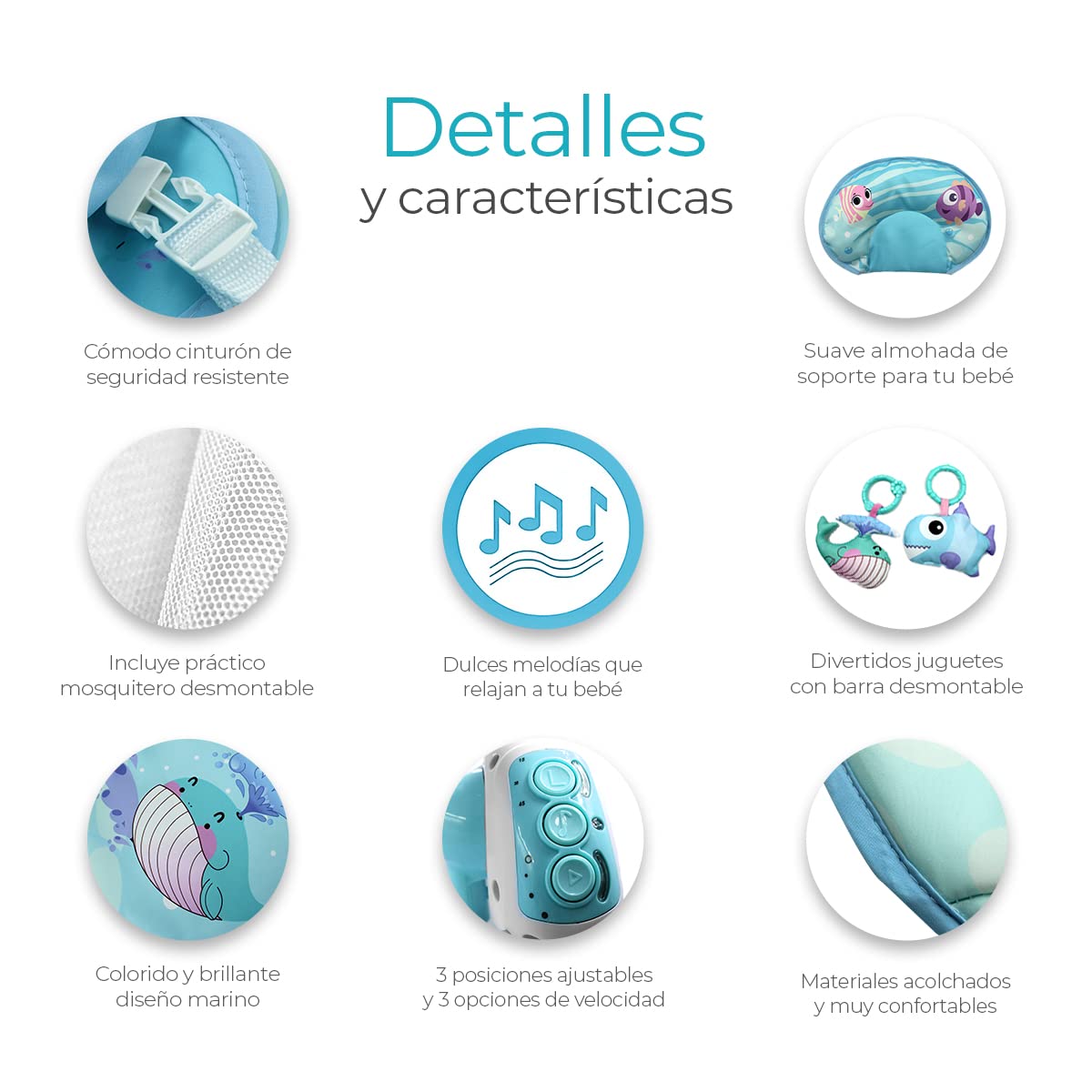 Silla Mecedora Eléctrica Raganet Azul con Control Remoto y Mosquitero para Bebés