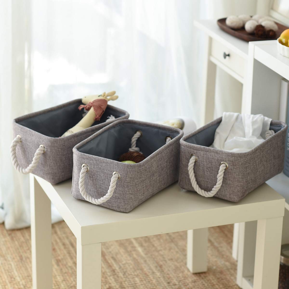 TheWarmHome Cesta de almacenamiento plegable con asa de cuerda de algodón resistente, plegable, funciona como almacenamiento de bebé, almacenamiento de juguetes, cestas de guardería, gris, 3Pack-13