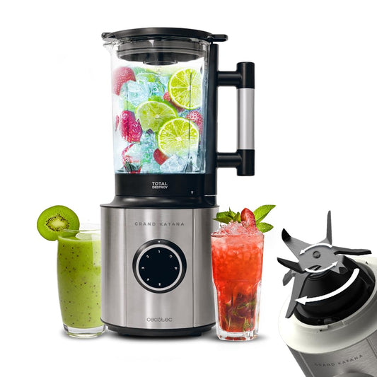 Cecotec Batidora de Vaso Grand Katana 2100MAX Total Destroy B. Potencia nominal 1800W y Máx 2700W, Tecnología Contrarrotante, Cuchilla 8 Hojas Recubrimiento Titanio Negro, Jarra Termorresistente 1,8 L