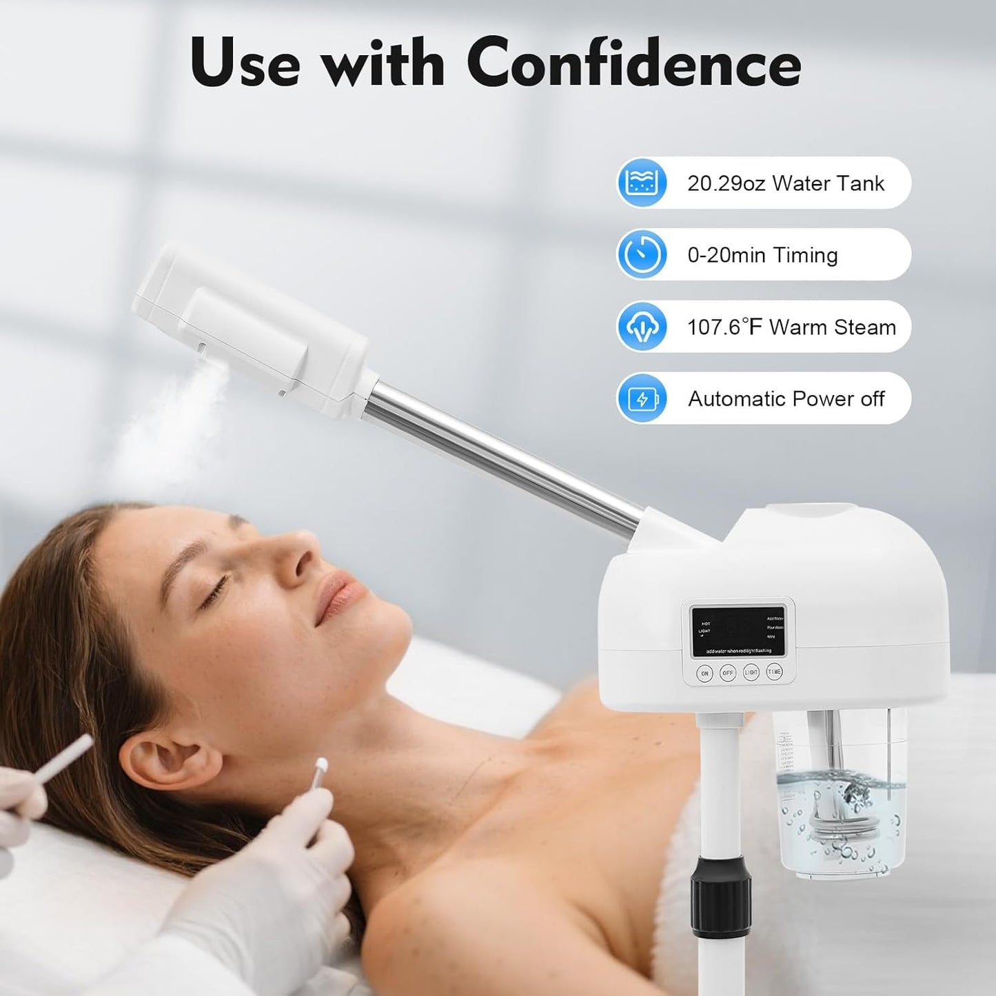 Vaporizador facial profesional, spray de niebla caliente y ozono, pantalla táctil LCD y función de temporizador, 600 CC de gran capacidad de agua, spa en casa, blanco