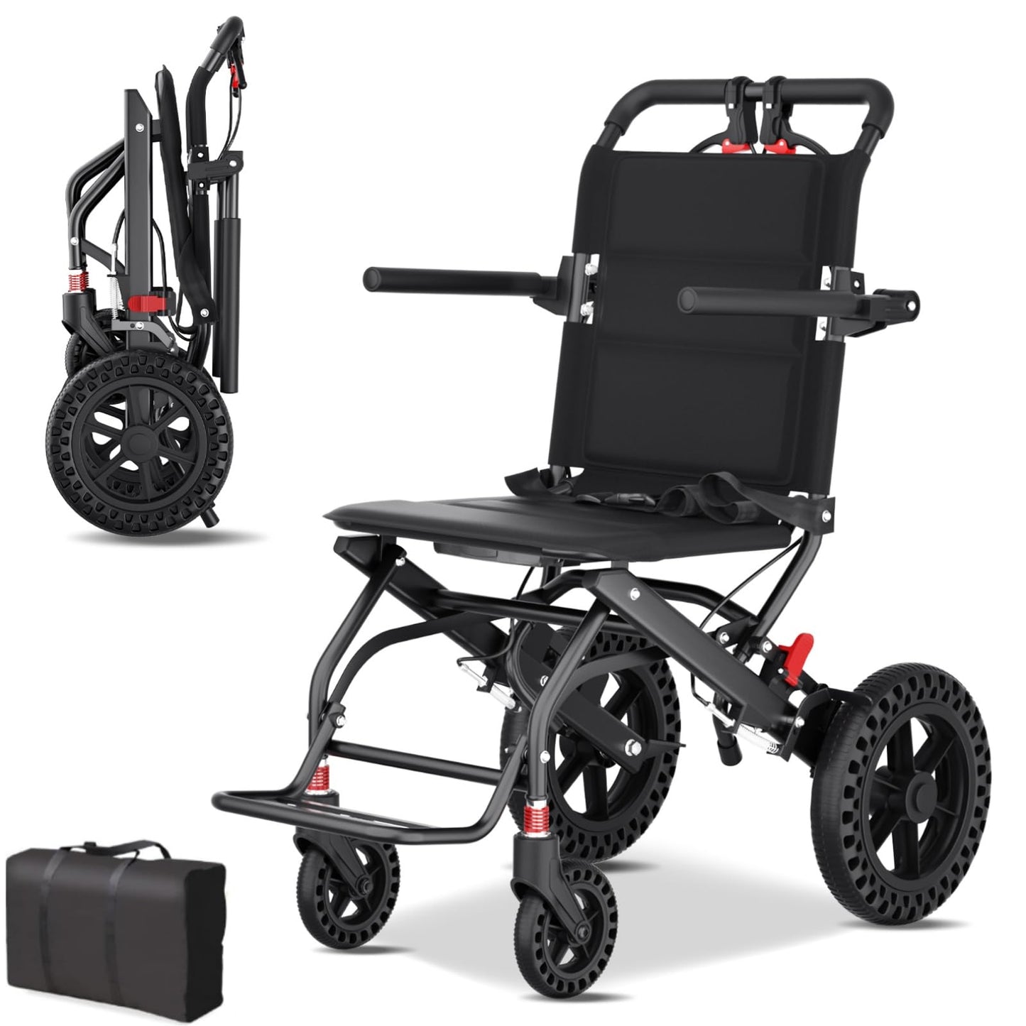 Hopelight Silla de ruedas plegable ultraliviana con ruedas de panal de abeja de 12 pulgadas, sillas de ruedas de viaje con pedales plegables y brazos abatibles, freno de mano y bolsa de almacenamien