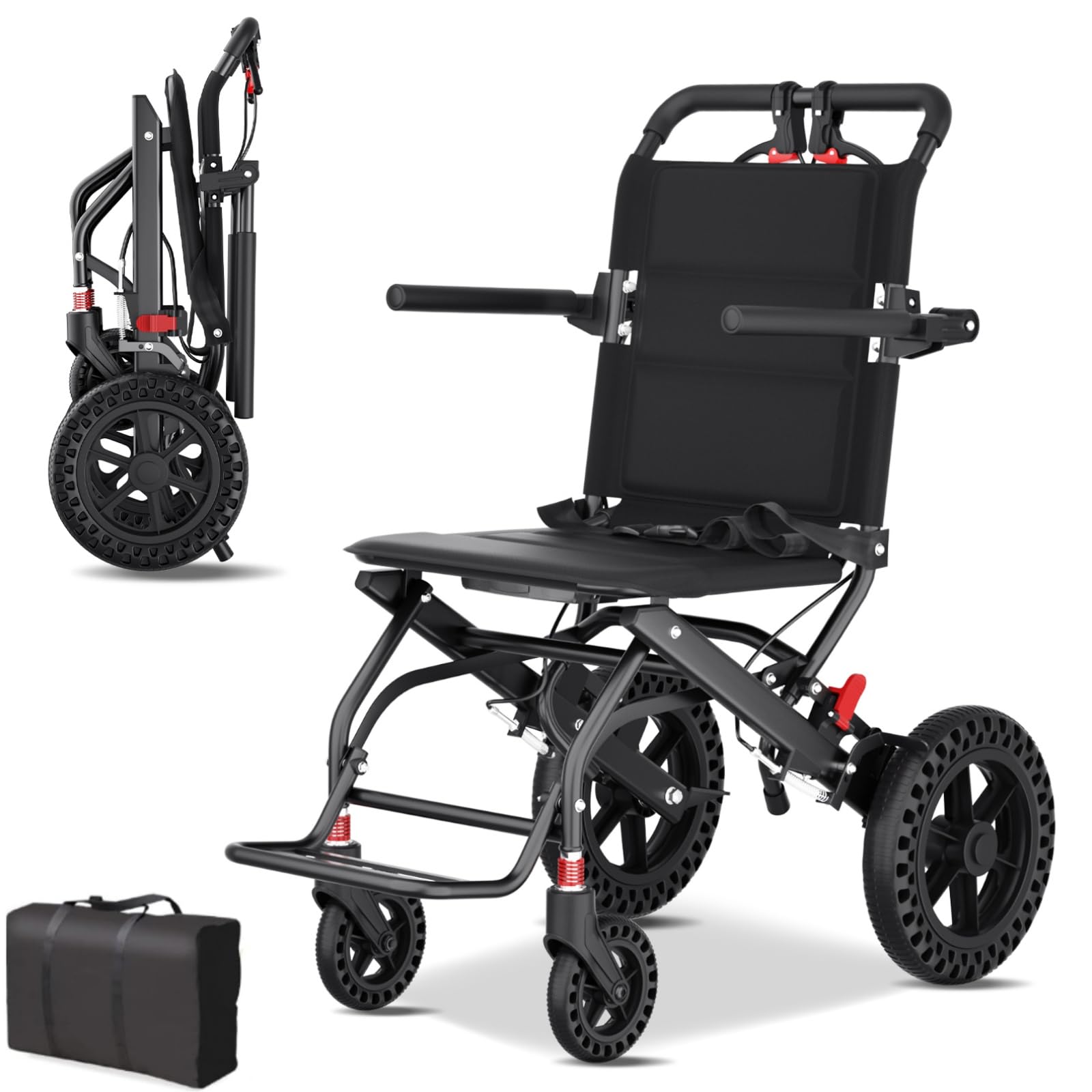 Hopelight Silla de ruedas plegable ultraliviana con ruedas de panal de abeja de 12 pulgadas, sillas de ruedas de viaje con pedales plegables y brazos abatibles, freno de mano y bolsa de almacenamien