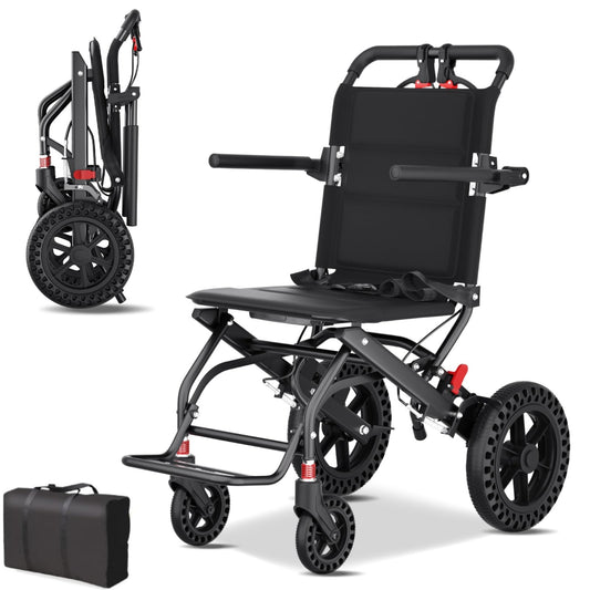 Hopelight Silla de ruedas plegable ultraliviana con ruedas de panal de abeja de 12 pulgadas, sillas de ruedas de viaje con pedales plegables y brazos abatibles, freno de mano y bolsa de almacenamien