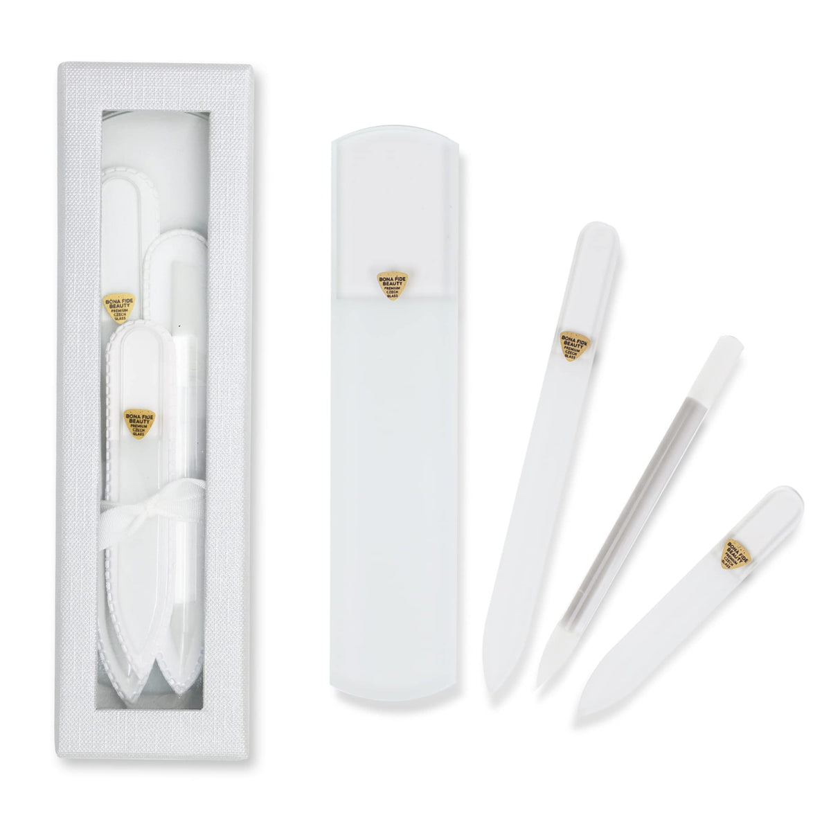 BONA FIDE BEAUTY Set de Regalo: Regalo de Pedicura de Manicura de Cristal Checo Hecho A Mano, Juego de Regalo de 4 Piezas En Color Transparente Con Lima de Pie de Vidrio, Empujador de Cutícula de Vidr
