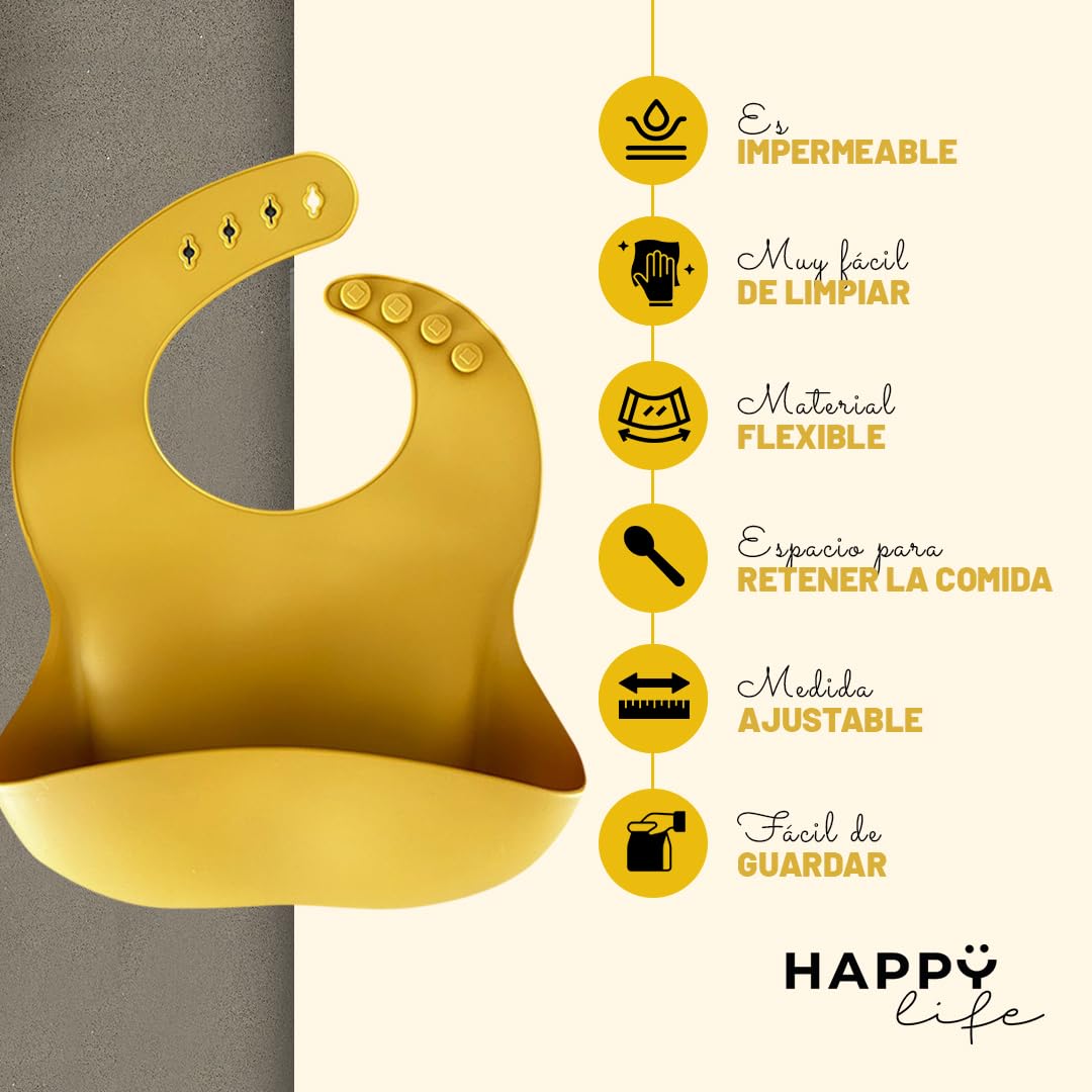 HAPPY LIFE baberos para bebe de silicona suave grado alimenticio, set 3 baberos impermeables, BPA FREE, para alimentacion complementaria de bebé (niña I niño)