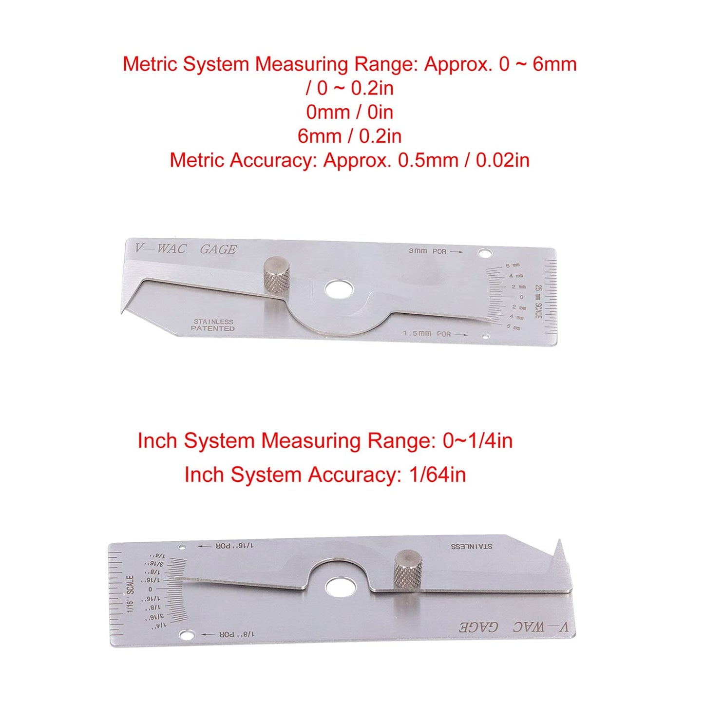 Medidor de Soldadura de Acero Inoxidable V WAC Pulgadas Herramienta de Inspección para Medición de Profundidad 0,95 Mm Metric System
