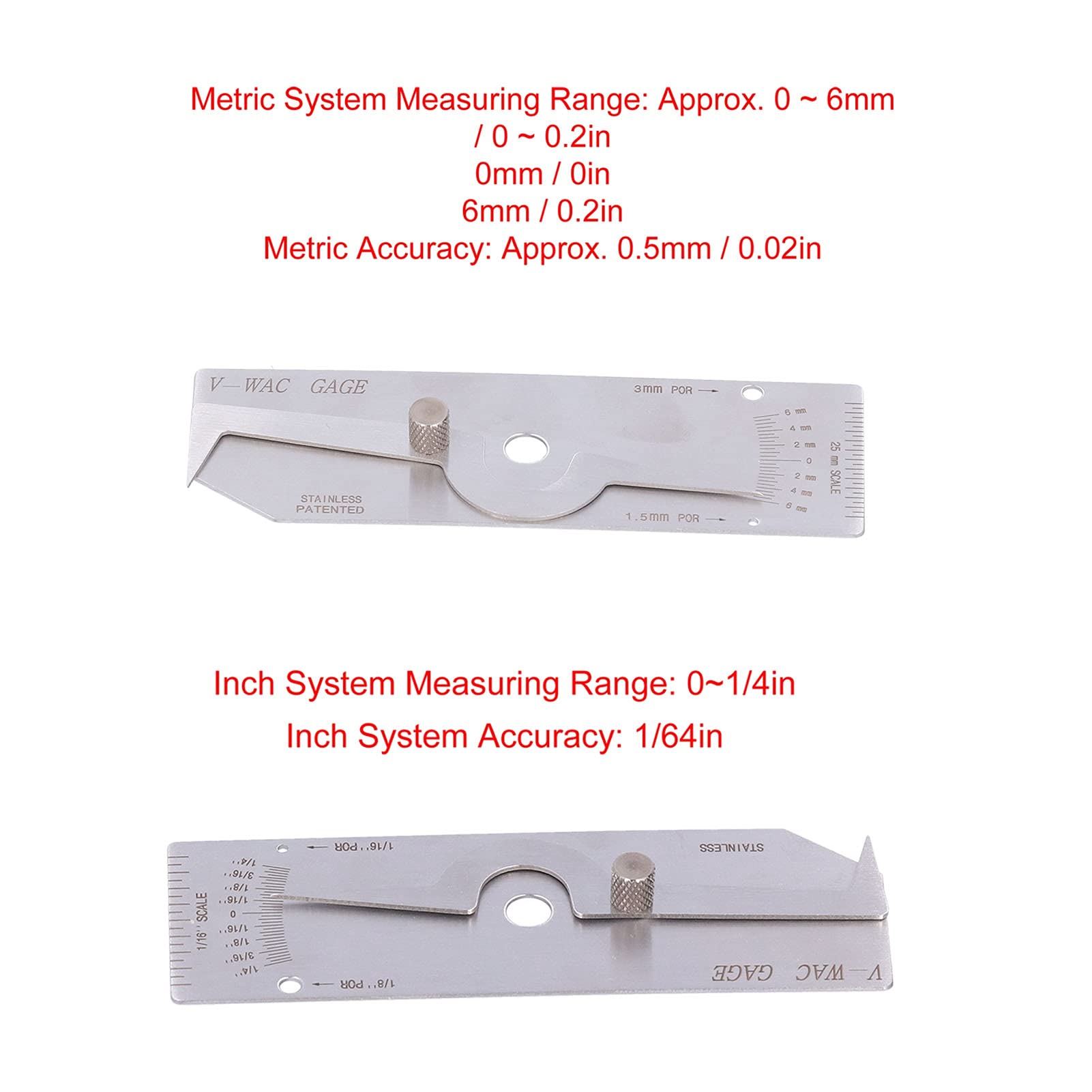 Medidor de Soldadura de Acero Inoxidable V WAC Pulgadas Herramienta de Inspección para Medición de Profundidad 0,95 Mm Metric System