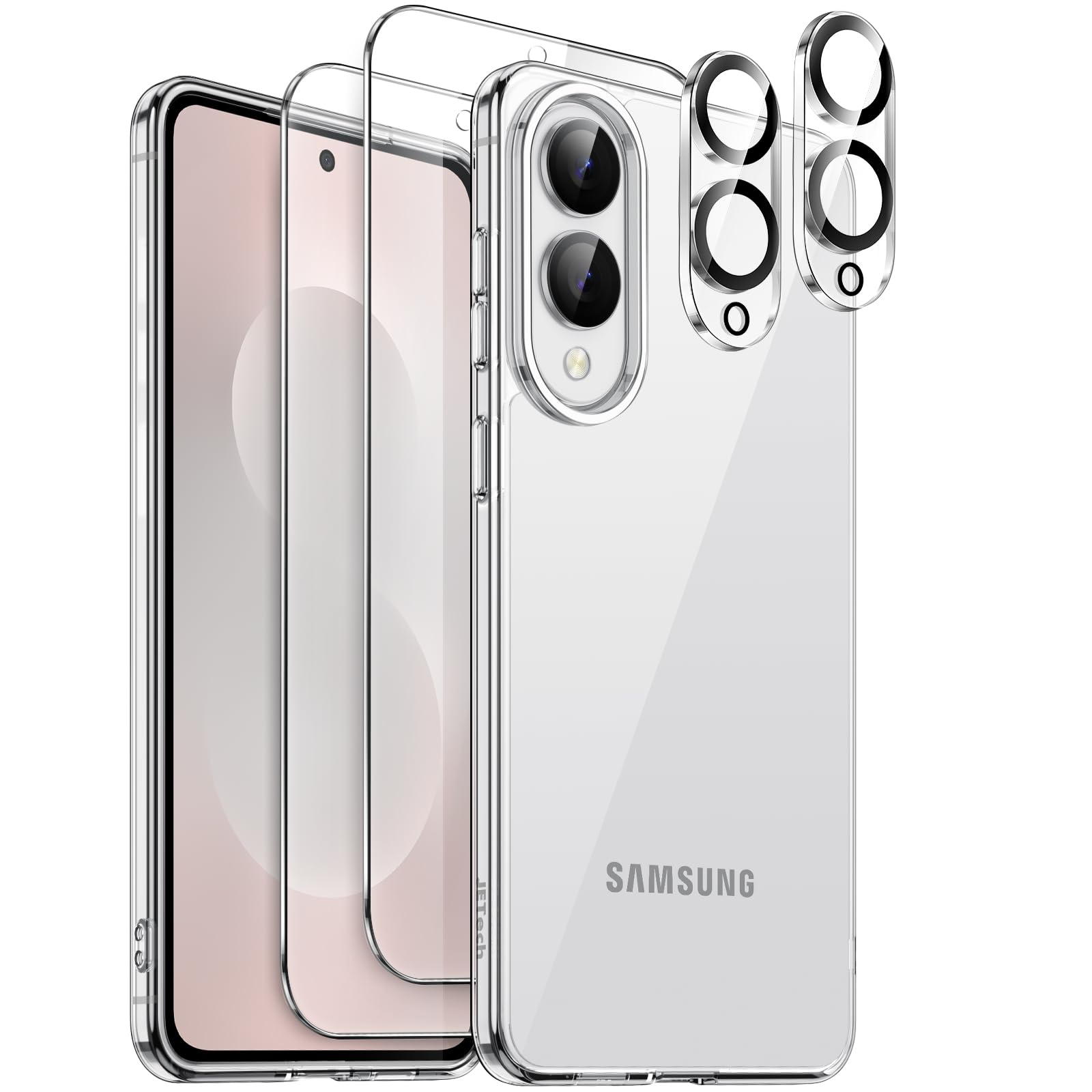 JETech 5 en 1 Funda para Samsung Galaxy S25 Edge con 2 Protector Pantalla Mica Cristal Vidrio Templado y 2 Protector Lente Cámara, Carcasa Anti-Amarillo Slim Antigolpes (Transparente)