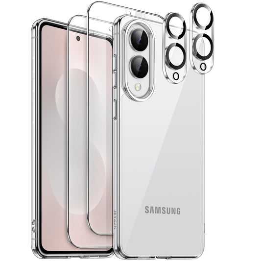 JETech 5 en 1 Funda para Samsung Galaxy S25 Edge con 2 Protector Pantalla Mica Cristal Vidrio Templado y 2 Protector Lente Cámara, Carcasa Anti-Amarillo Slim Antigolpes (Transparente)