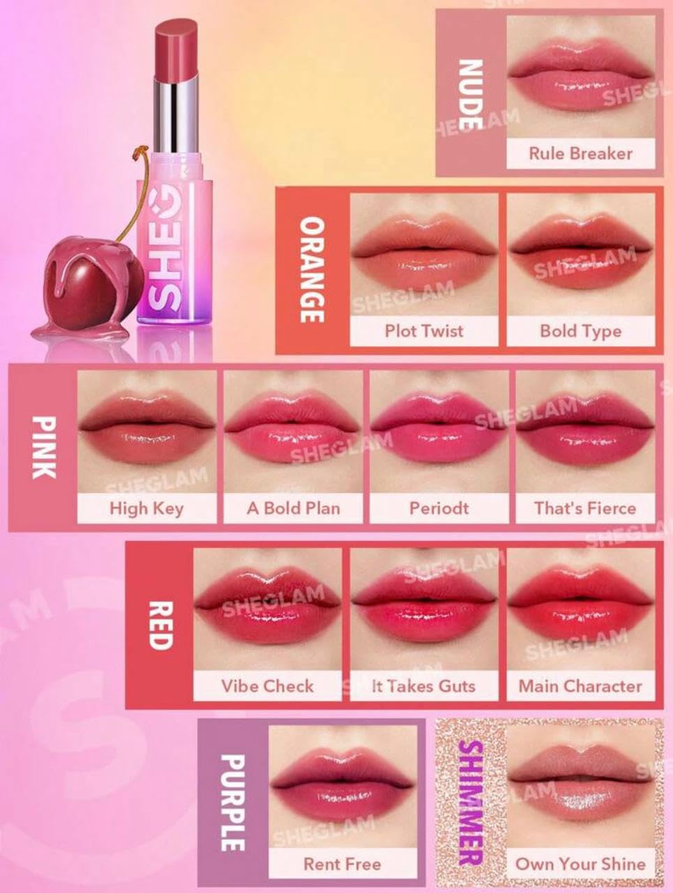 SHEGLAM Lápiz Labial Varios Tonos Efecto Espejo (Own your shine, 2.5 g)