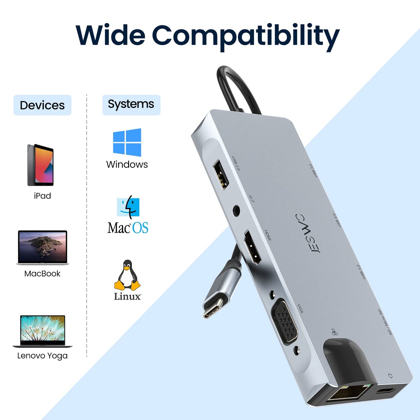 JESWO USB C Hub, 11 en 1 Adaptador Multipuerto Hub Tipo C con HDMI 4K, 3*USB 3.0, 2*USB 2.0, USB C 100W PD Carga, Ethernet de 1000 Mbps, Lector de Tarjetas SD/TF y VGA, Compatible con Macbook Pro/Air