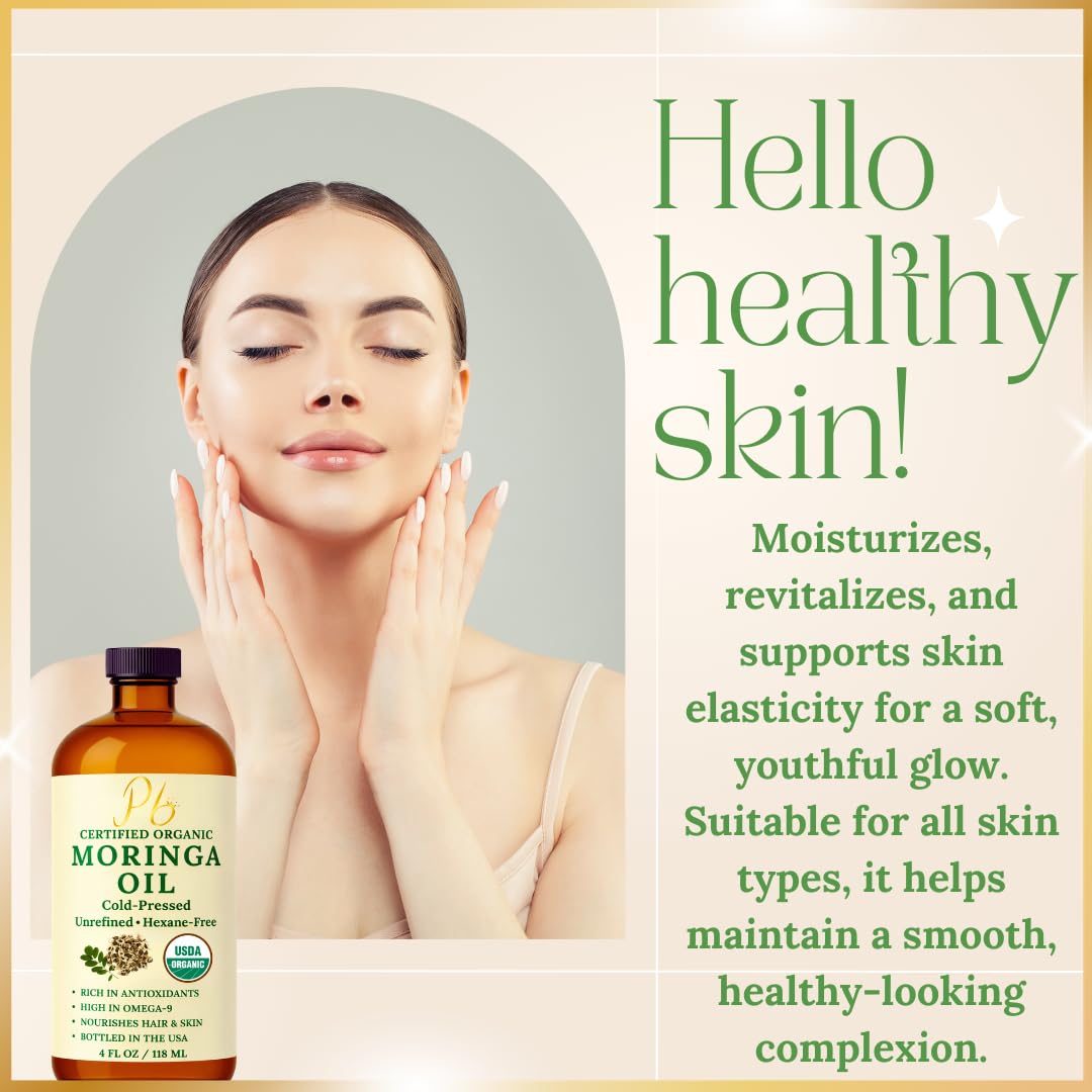 Pomberries Aceite De Moringa – 100% Puro, Prensado En Frío Y Sin Refinar – Aceite De Semilla De Moringa Para Rostro, Piel, Cabello Y Cuerpo – Hidratante, Antiedad – Botella De Vidrio Ámbar De 118 Ml(4