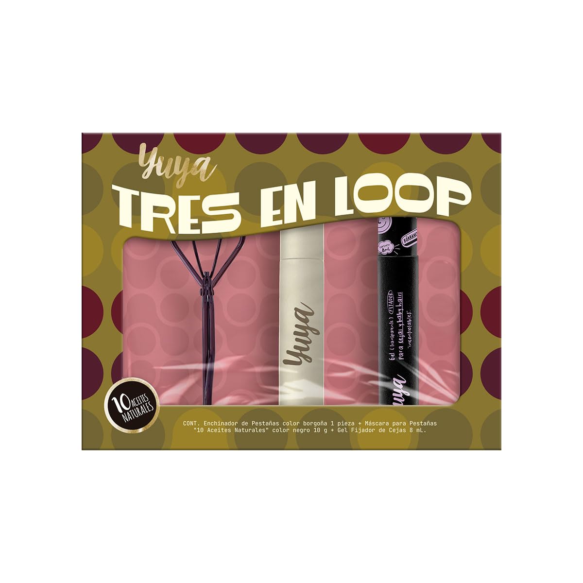 YUYA Tres en Loop Set Enchinador de Pestañas Borgoña + Máscara 10 Aceites Naturales Negra 10 g + Gel Fijador de Cejas 8 ml | Pestañas Largas, Curvatura Natural, Volumen y Definición | Fijación de Cejas y Baby Hairs con Acabado Natural