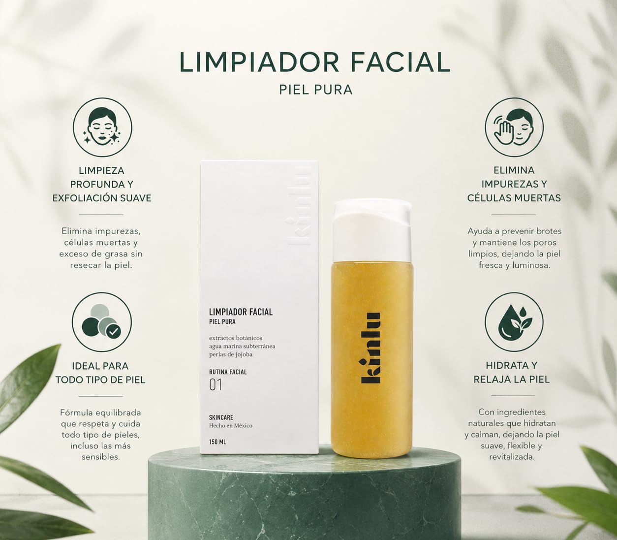 RF/01 Limpiador Facial Piel Pura de KINLU (150ml) Limpieza Profunda y Exfoliación Suave, Para Todo Tipo de Piel