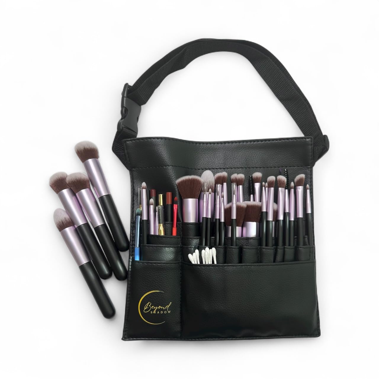 Beyond Shadow Brand - Bolsa para brochas de maquillaje de piel sintética negra | Capacidad para hasta 40 pinceles y lápices | Organizador profesional con correa ajustable para artistas de maquillaje