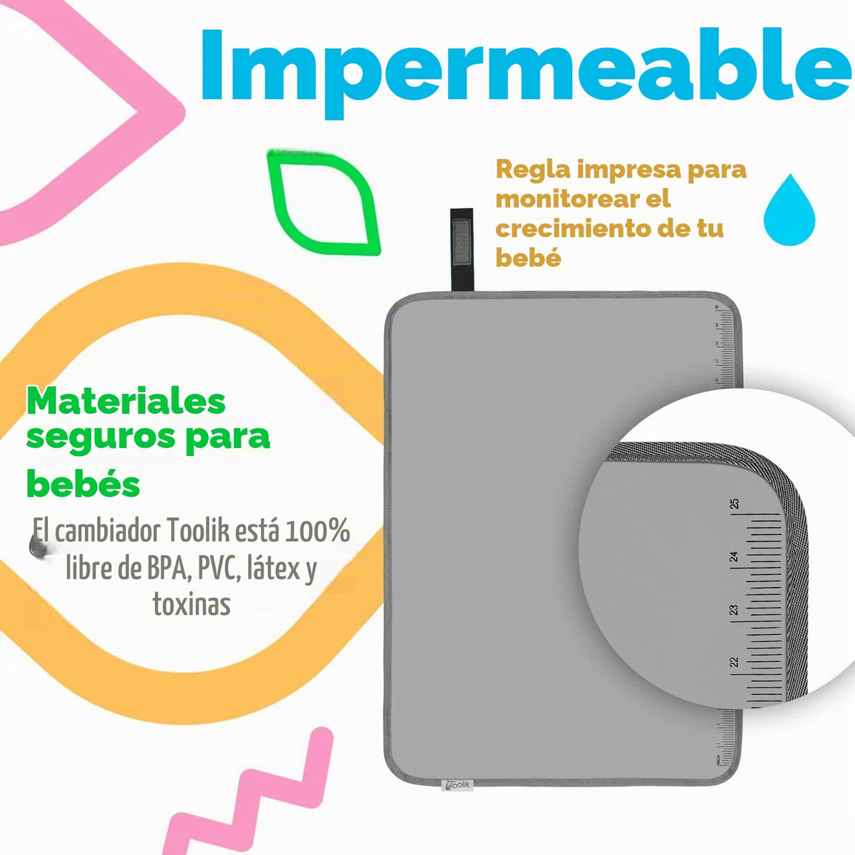 Toolik - Cambiador de pañales para bebé, extragrande (69.85 x 50.04 cm), alfombrilla impermeable para paseos de carriola o bolsa de pañales, se adapta a recién nacidos y niños pequeños para