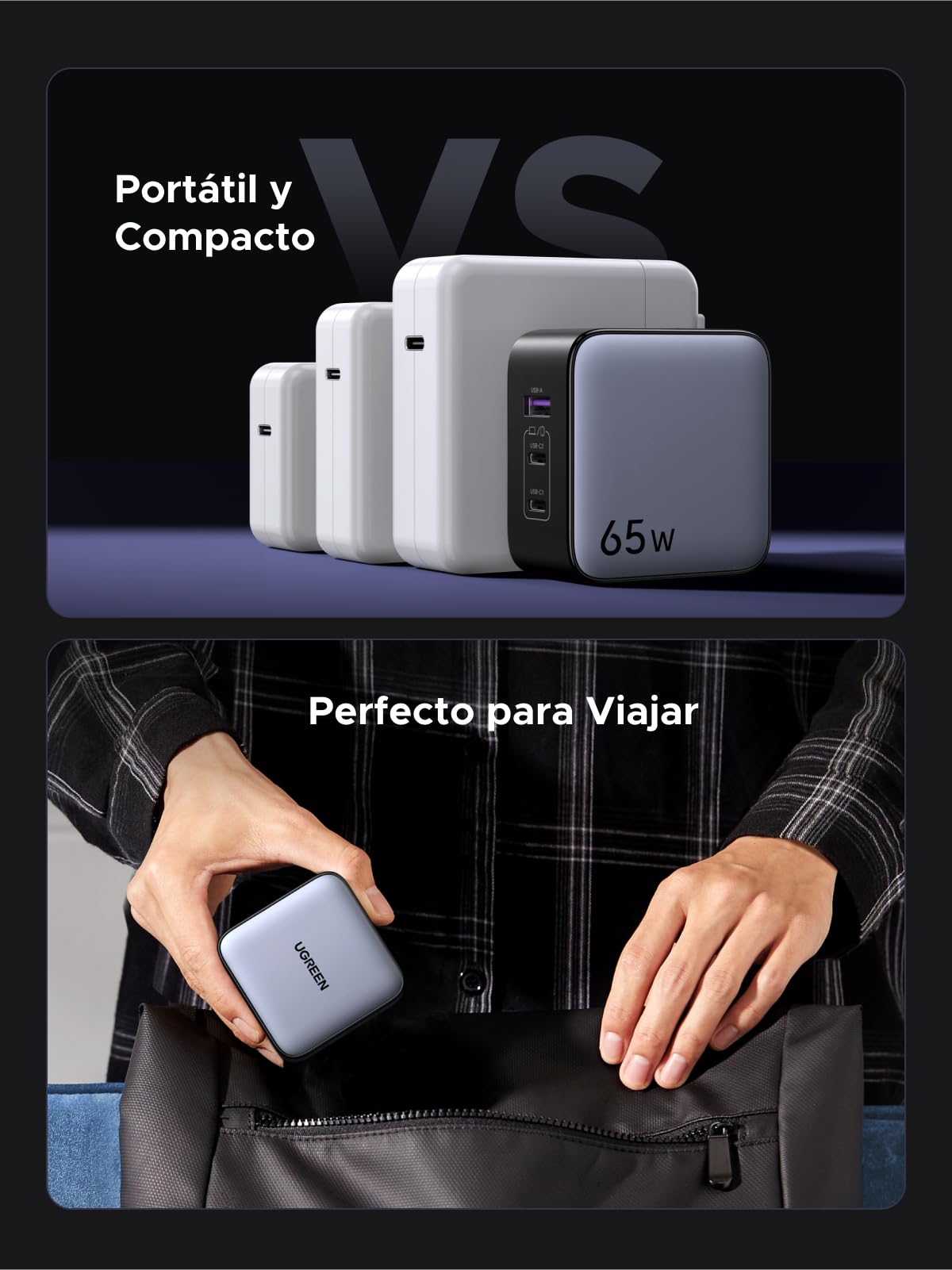 Cargador USB C UGREEN Nexode 65W Blanco con 3 Puertos para Viaje UK/USA/EU