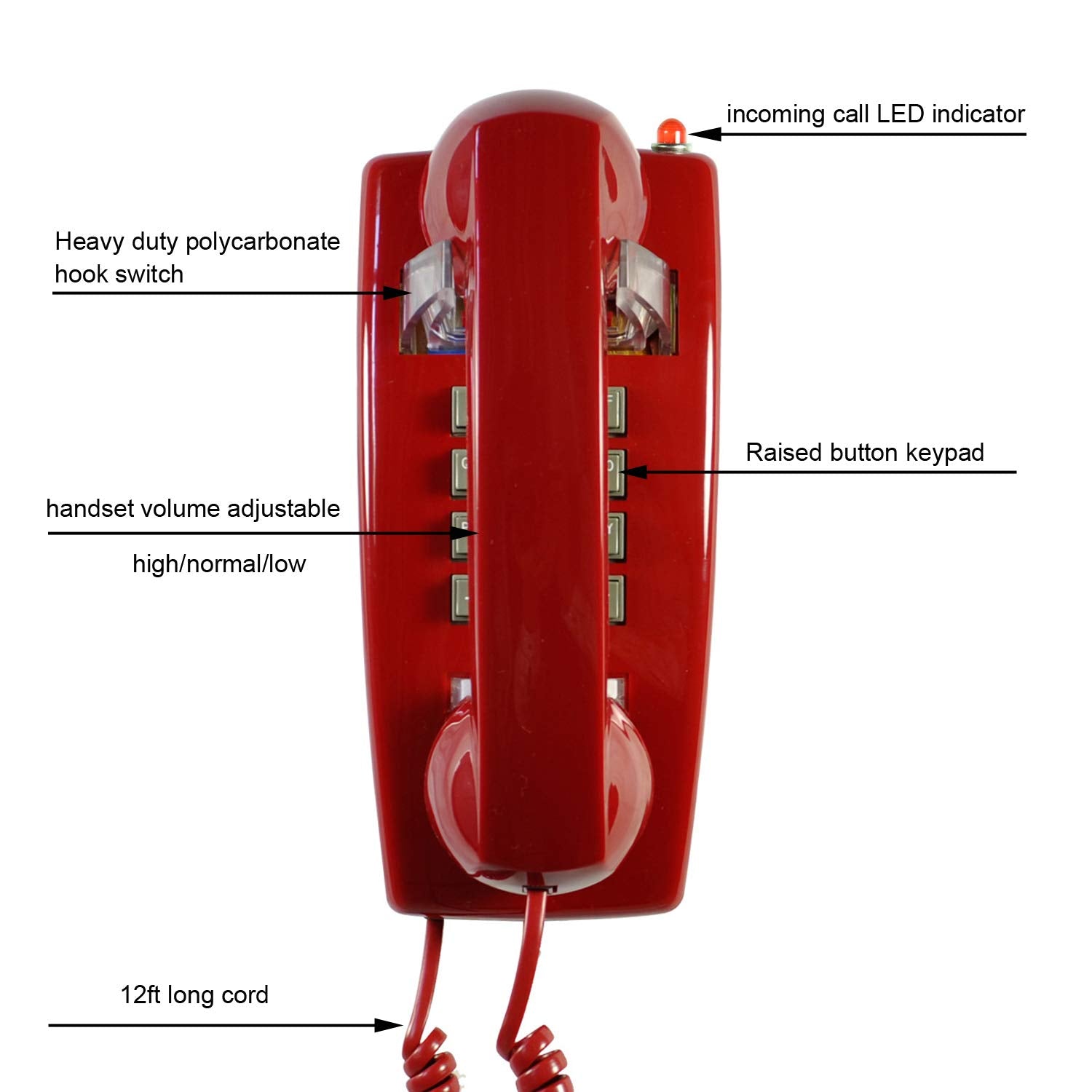TelPal - Teléfono de pared rojo, analógico con cable montado en la pared con campana tradicional fuerte, soporte de pared para teléfonos fijos clásicos con control de volumen del auricular, requiere