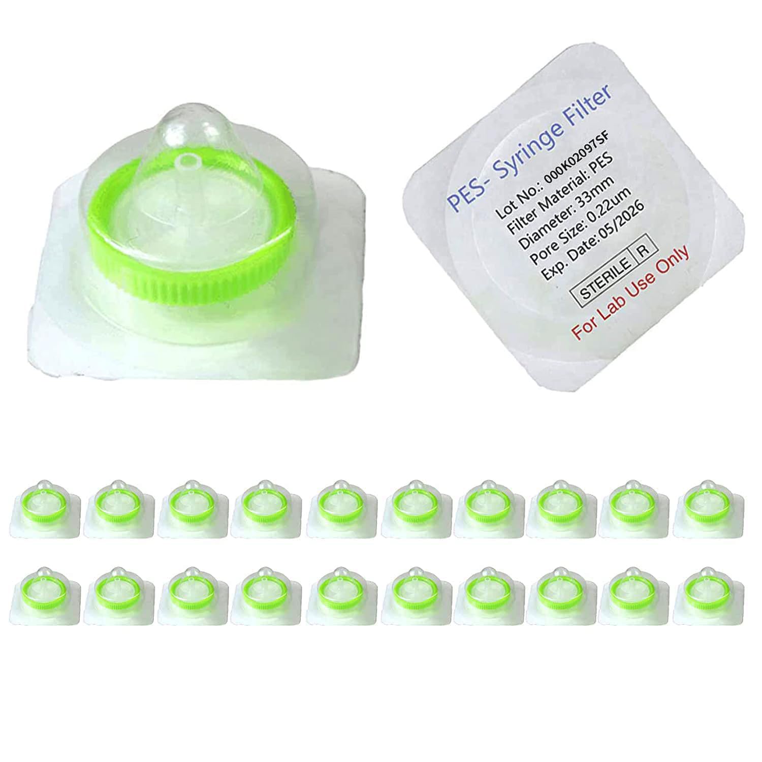 Filtro de jeringa, tamaño de poro de la membrana PES 0.22um, diámetro de la membrana 33mm, empaquetado individualmente, paquete de 20 por Labfil
