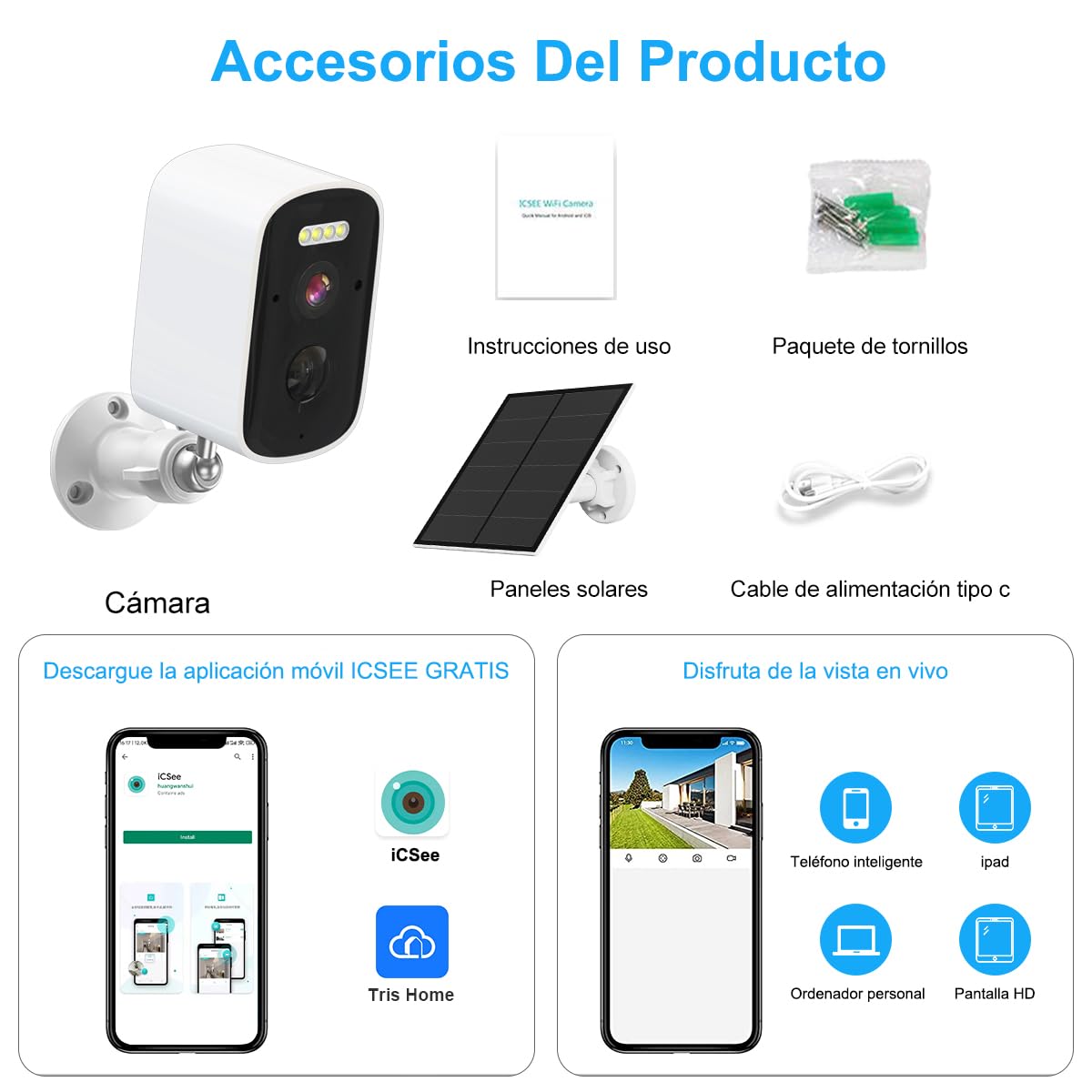 Cámara de Seguridad EASYTAO D21 Blanca Recargable con Batería y Panel Solar para Exteriores