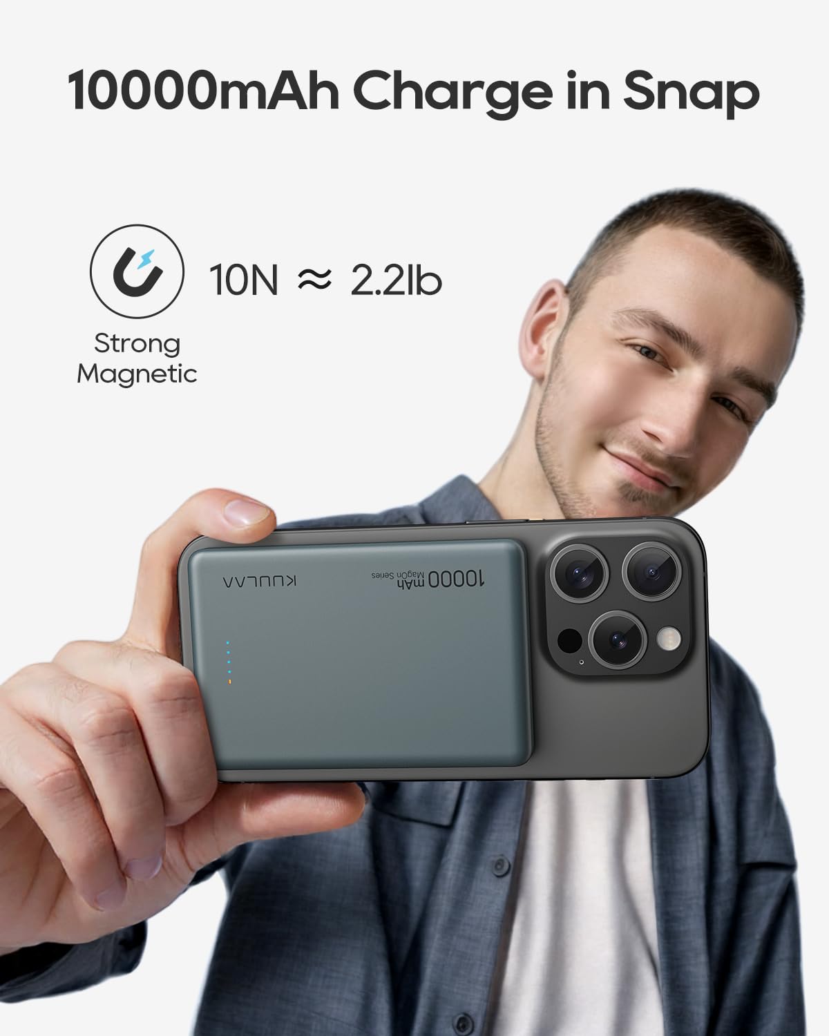 KuuLaa Power Bank 10000mAh Delgado con Pantalla Digital, Batería Portátil Magnética PD20W USB-C, Carga Rápida para iPhone 12-16/Samsung (Gris)