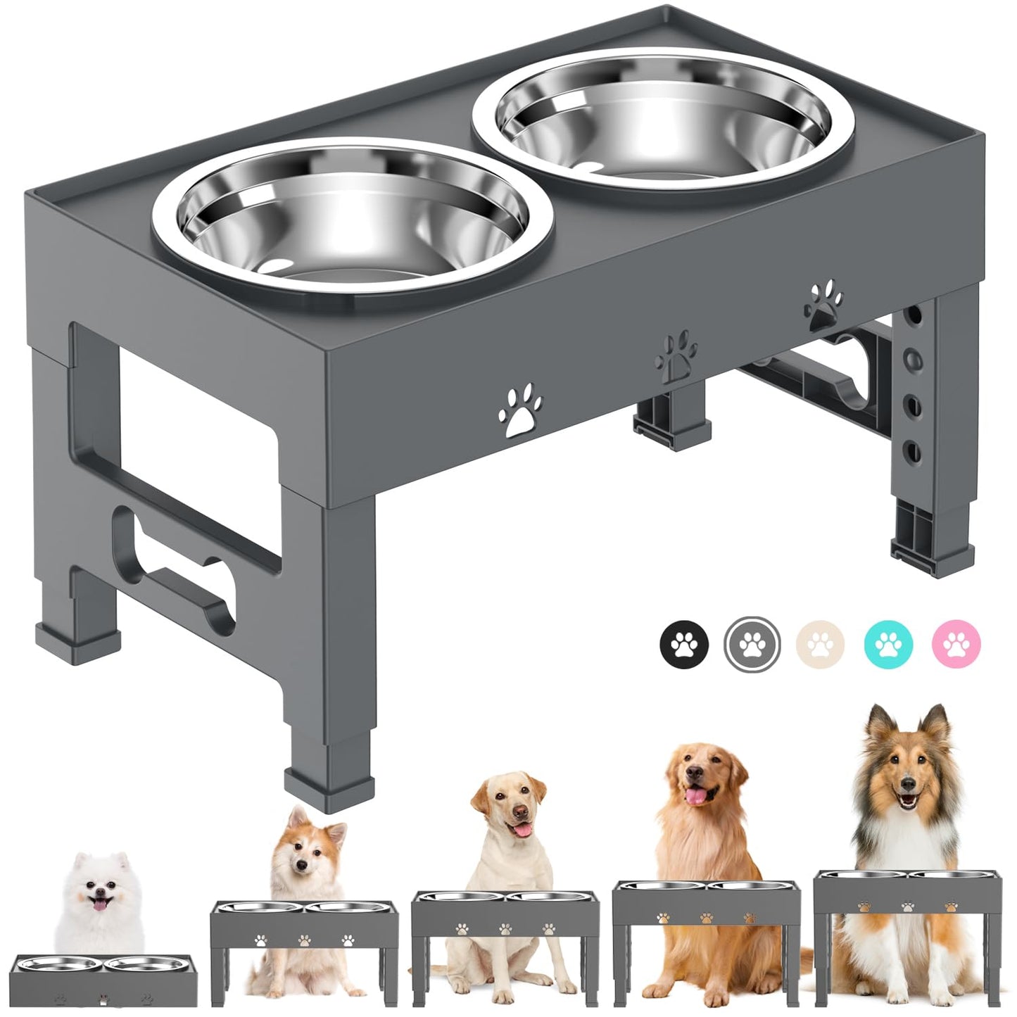 LAKIPETN - Cuencos elevados para perros con 2 cuencos de acero inoxidable para comida para perros, 5 cuencos elevados de altura ajustable que se ajusta a 3.1 pulgadas, 9 pulgadas, 10 pulgadas, 11 pulgadas, 12 pulgadas, plato antideslizante para perros peq