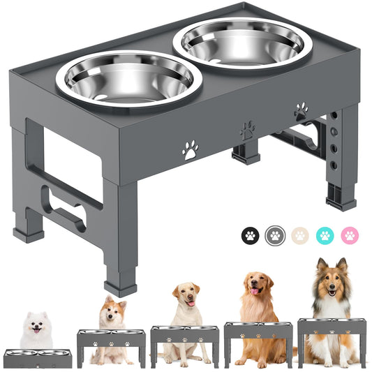 LAKIPETN - Cuencos elevados para perros con 2 cuencos de acero inoxidable para comida para perros, 5 cuencos elevados de altura ajustable que se ajusta a 3.1 pulgadas, 9 pulgadas, 10 pulgadas, 11 pulgadas, 12 pulgadas, plato antideslizante para perros peq