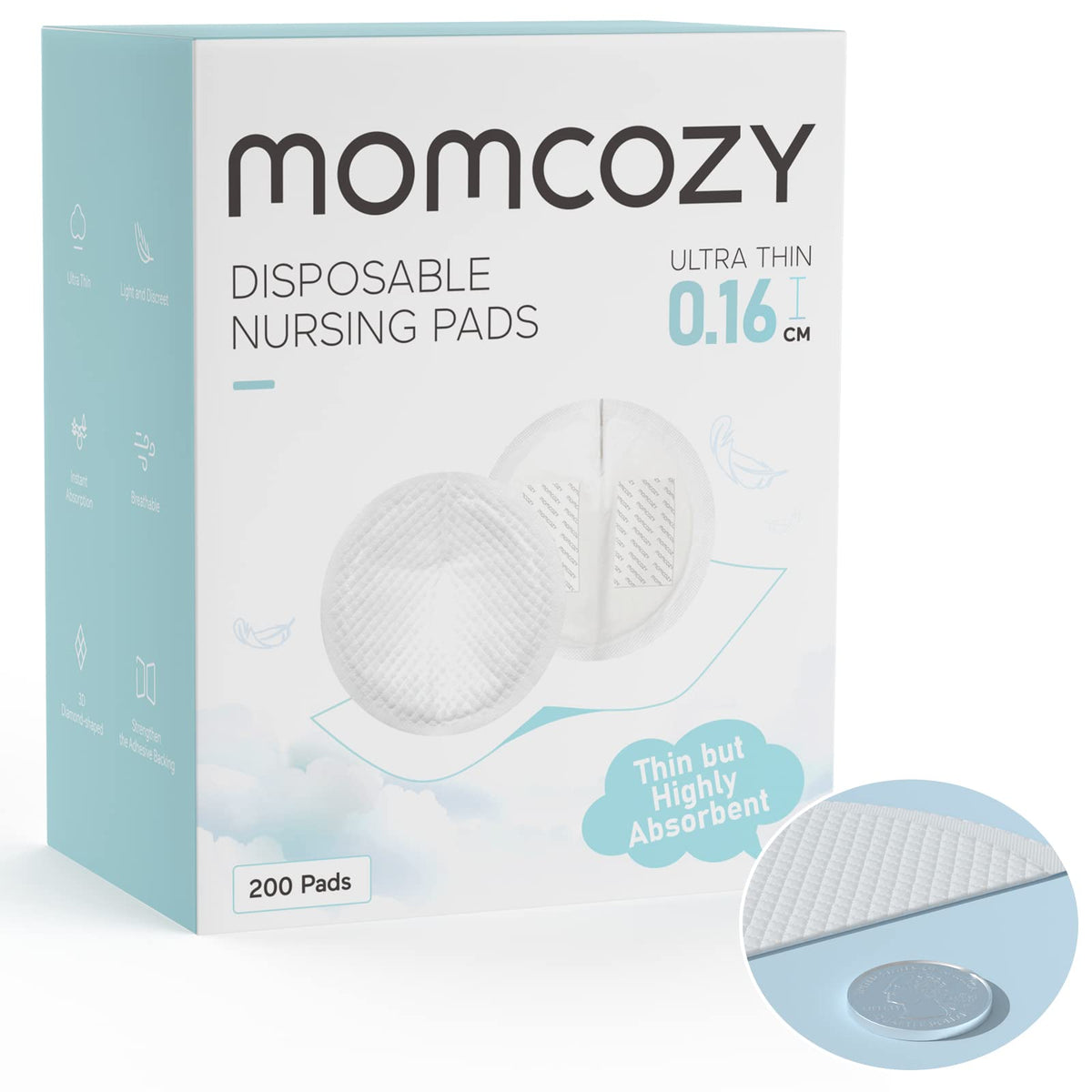 Momcozy - almohadillas para orejas desechables ultrafinas para lactancia, ultra absorbentes y transpirables, hacen que los pechos sean ligeros y descargados, con calcomanía reforzado, empaquetado