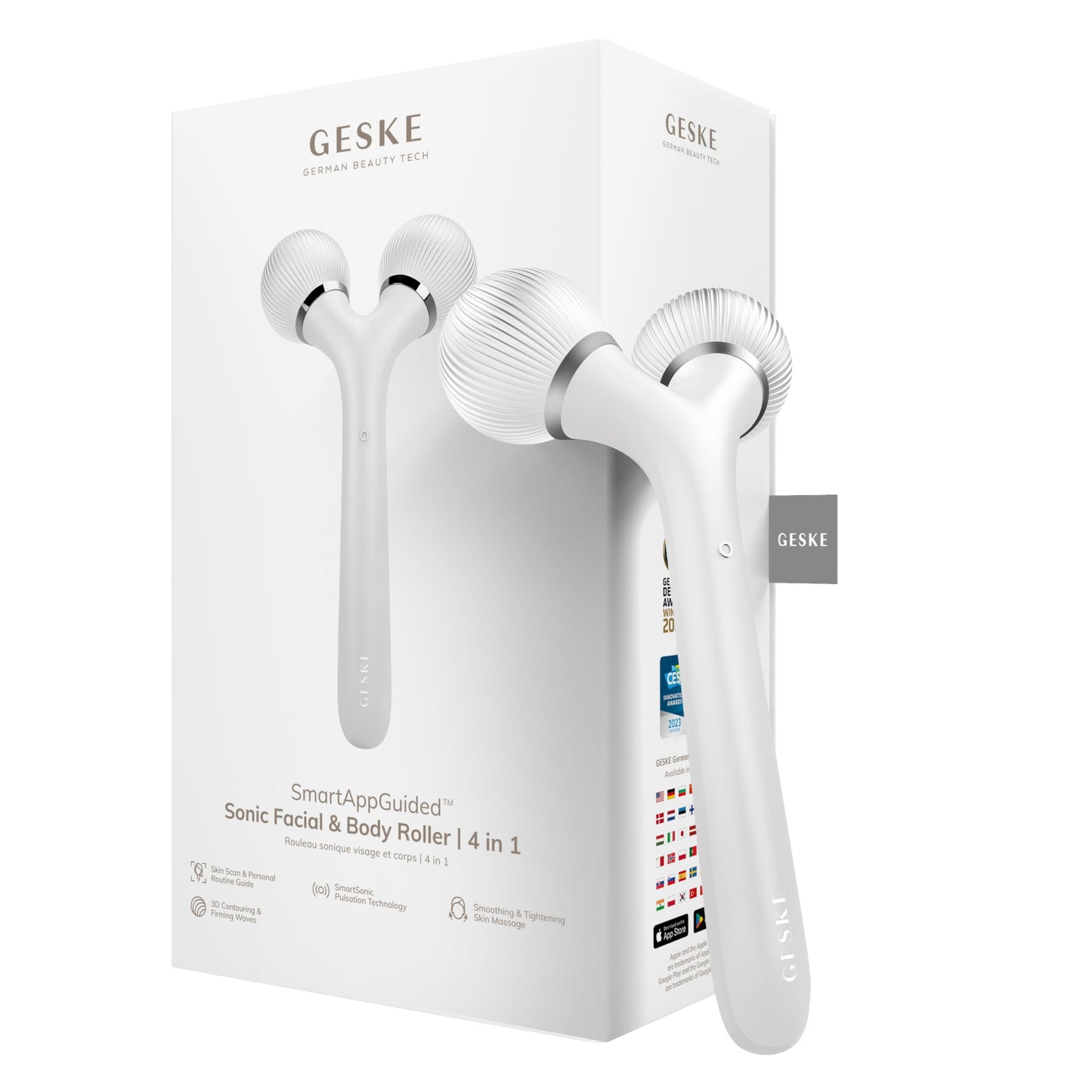 GESKE | Rodillo facial y corporal sónico SmartAppGuided™ | 4 en 1 | rodillo derma | Dispositivo para rostro y cuerpo | rodillo derma | Rodillo facial profesional | Reafirma y define cuerpo y rostro