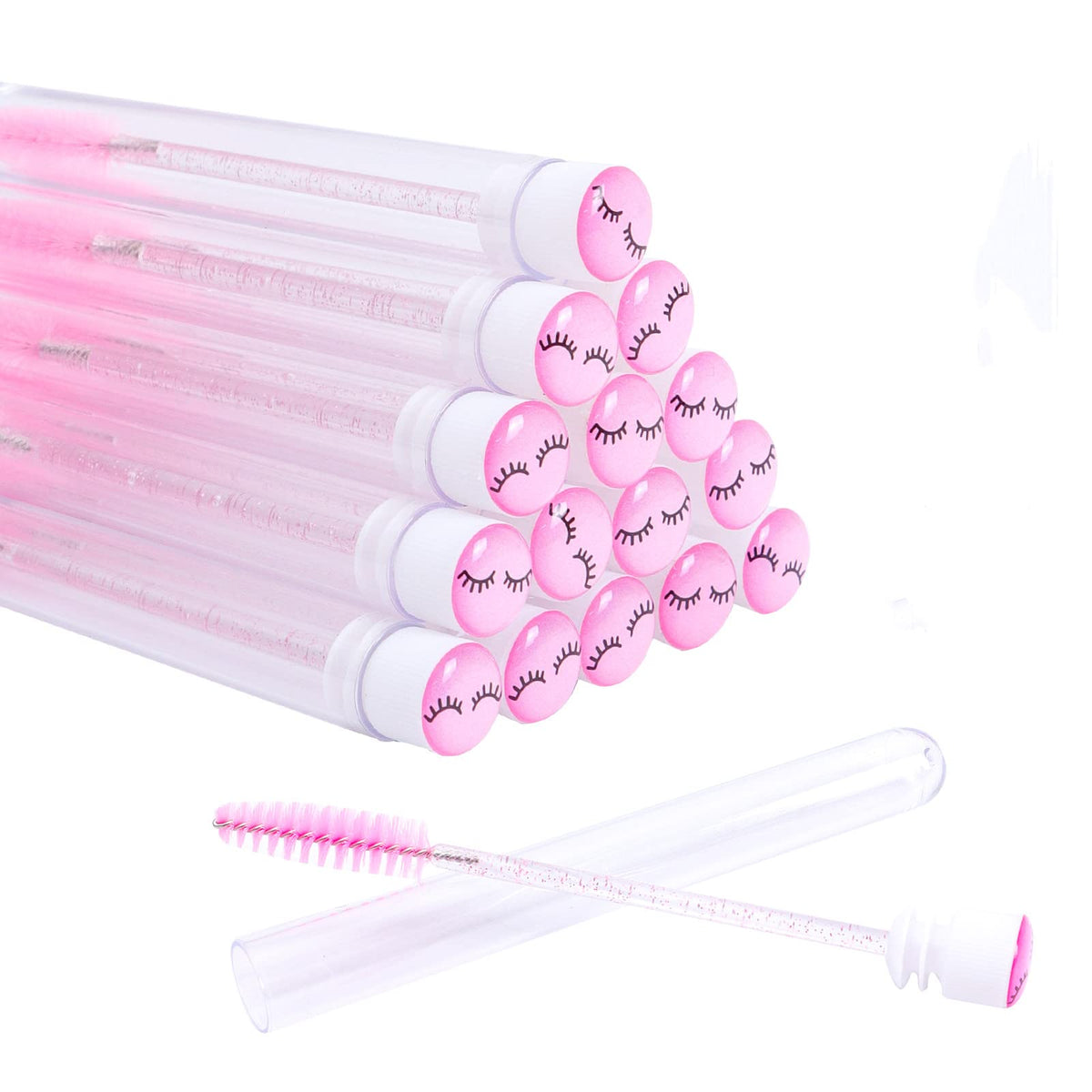 60 pinceles desechables de pestañas rosas con patrón de pestañas, cepillos de pestañas de diamante, bobinas de maquillaje, varita de rímel en tubo sanitario suministros de pestañas