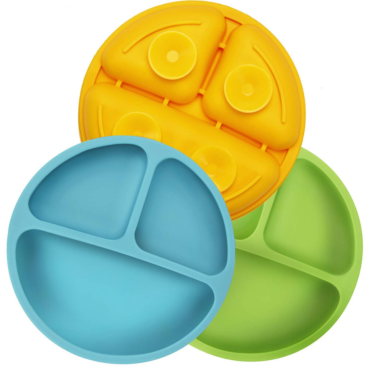PandaEar Platos divididos de silicona irrompibles para bebés y niños pequeños, paquete de 3 unidades, antideslizantes, aptos para lavaplatos y microondas, silicona (azul, verde amarillo)